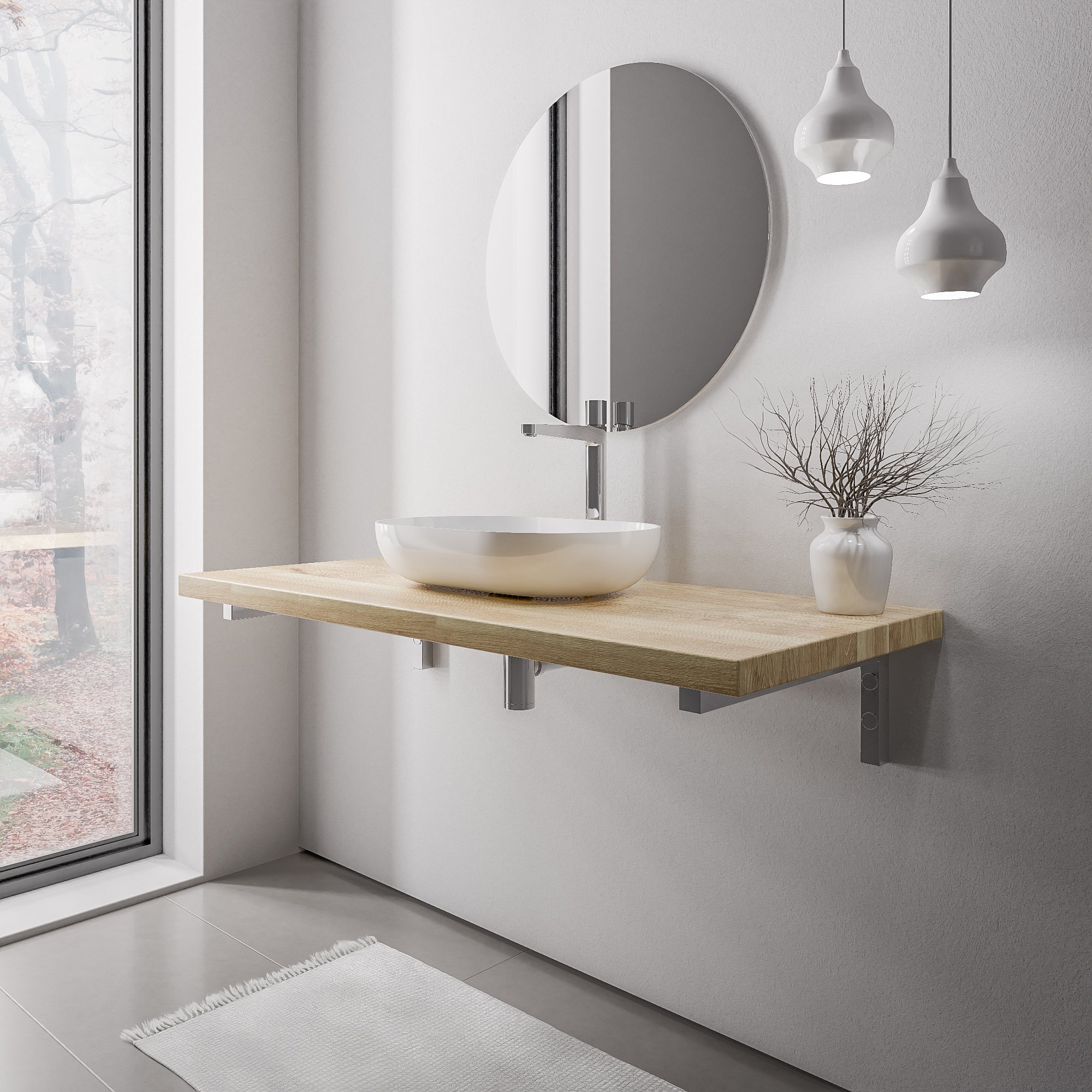 Wastafelblad PUREWOOD massief eiken met wandbeugel - selecteerbare breedte
