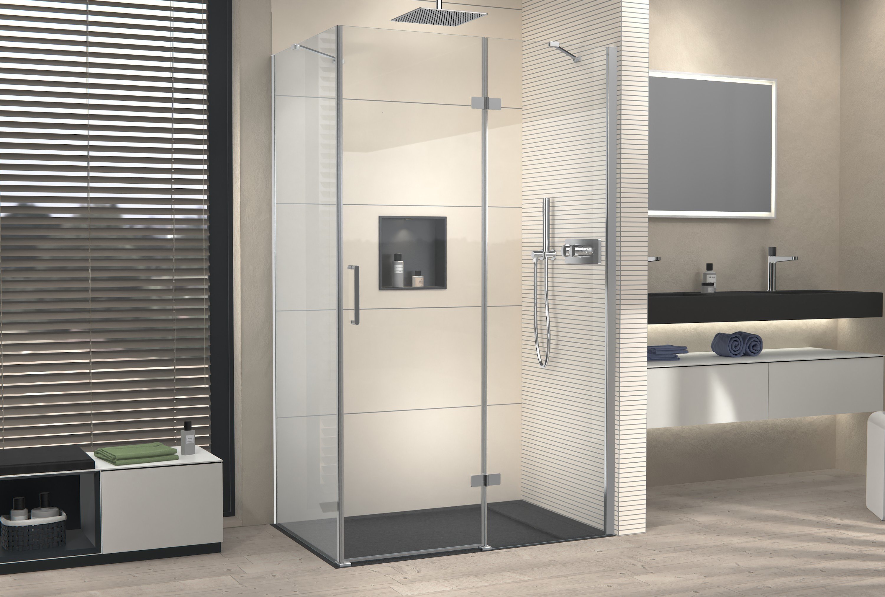 Corner shower with revolving door on fixed panel NT403 - 8 mm nano clear glass - door hinge RIGHT - width selectable
