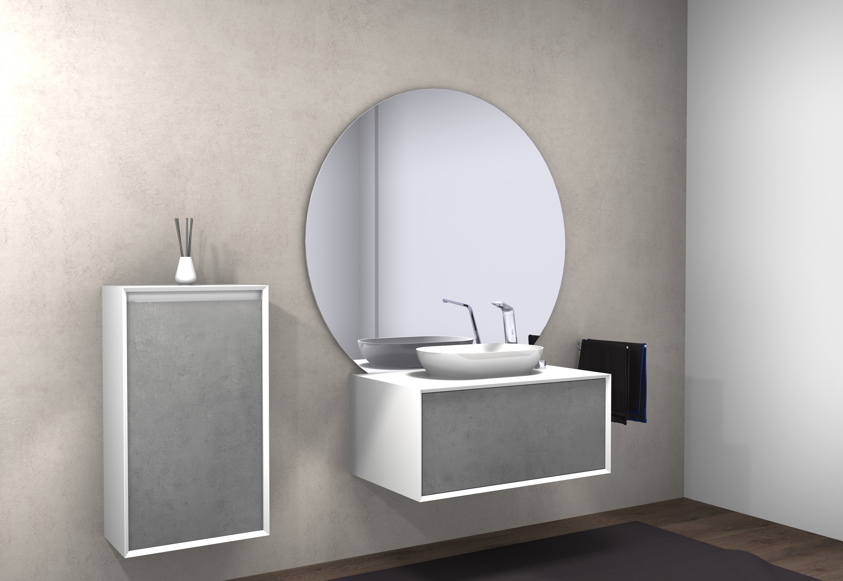 Fiona 900 white matt bathroom furniture - concrete or oak-look front - side cabinet, washbasin and mirror optional