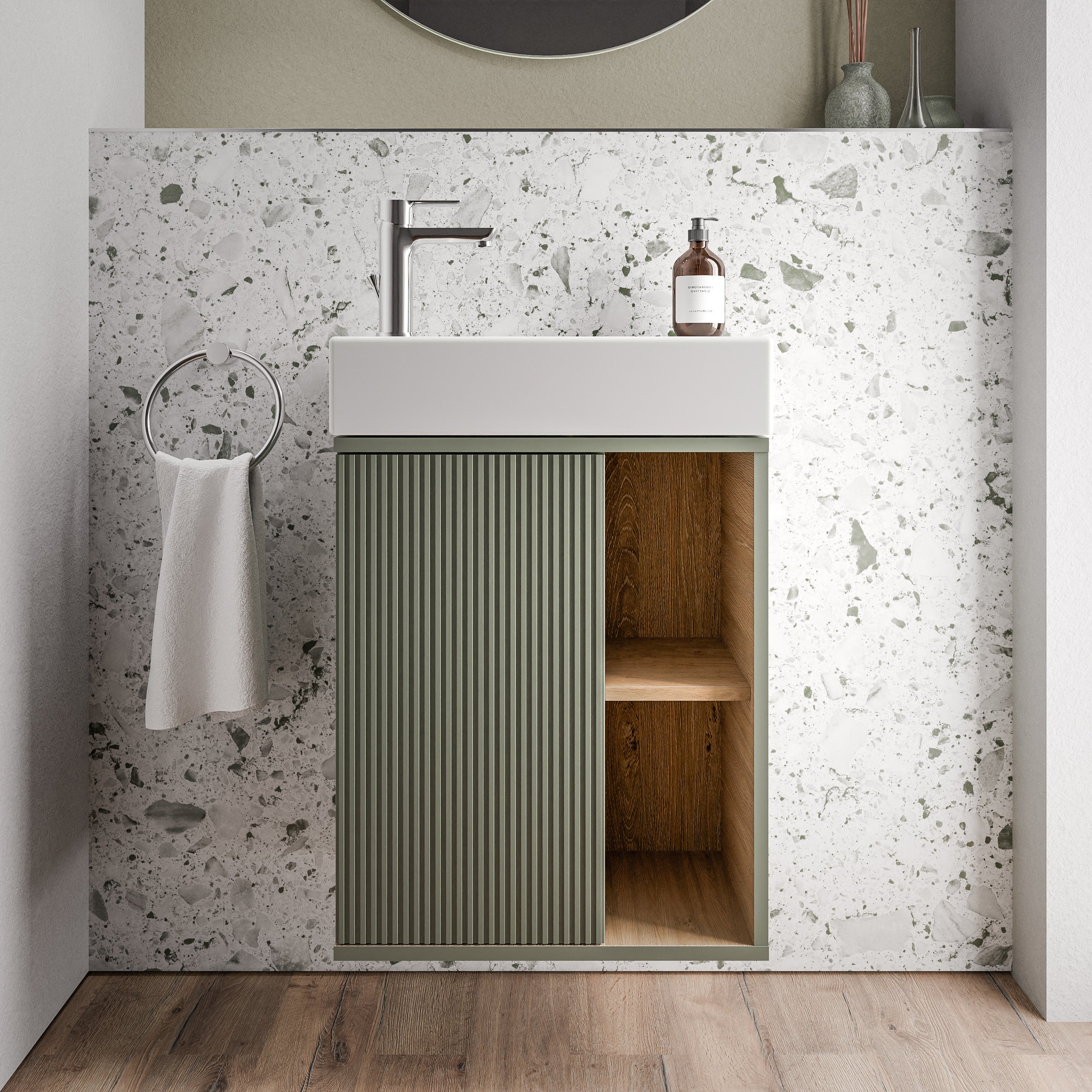 Mobile da bagno BELDIVO 50cm con lavabo bianco - cerniera anta sinistra - colore selezionabile