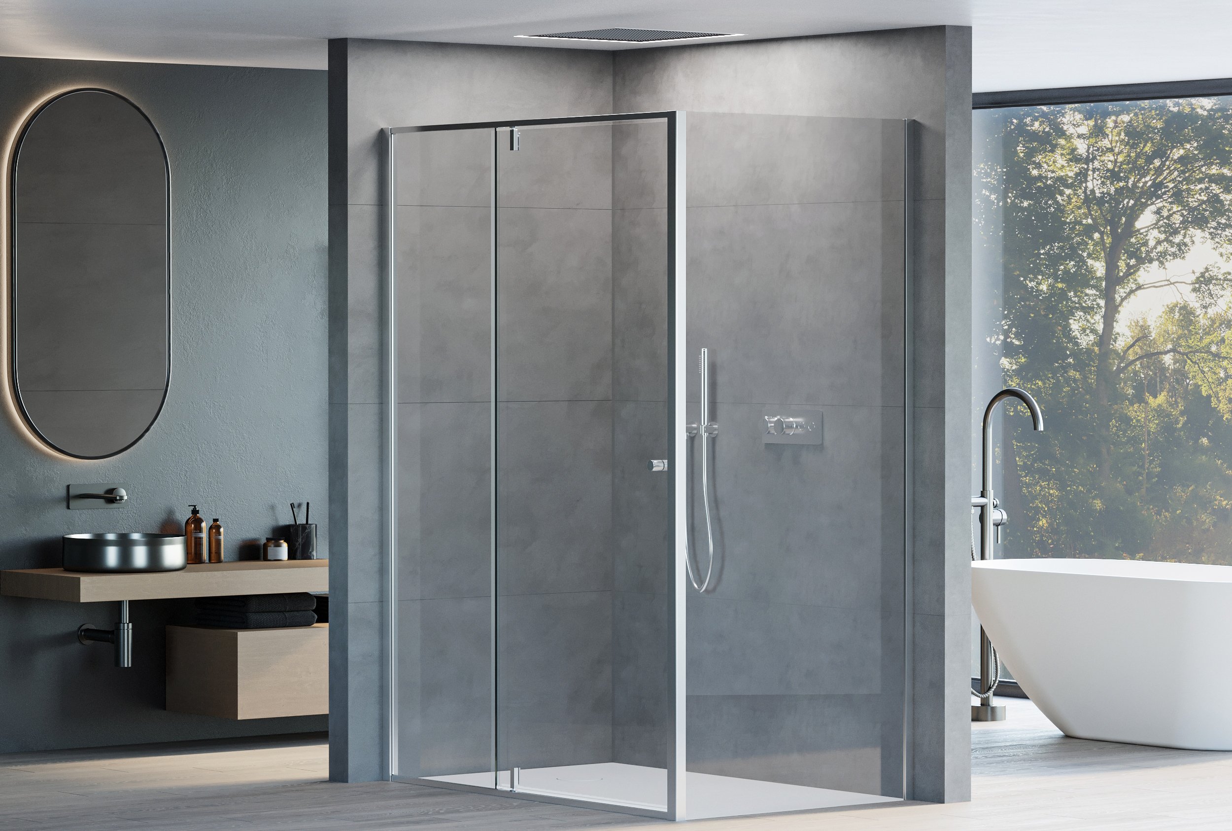 Doccia ad angolo con porta girevole su pannello fisso NT606 FLEX - 6 mm di vetro nano trasparente - colore profilo selezionabile