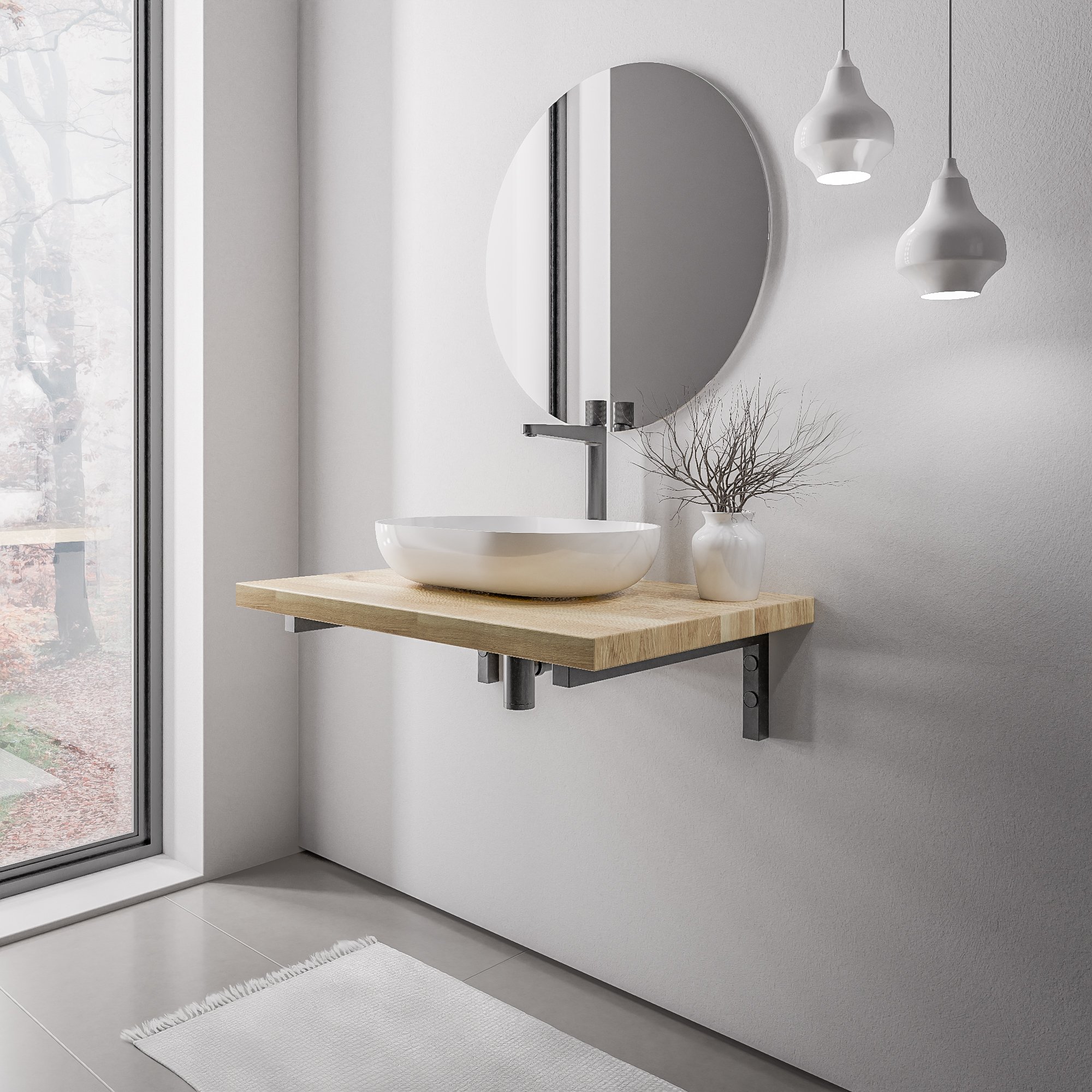 Mensola per lavabo in rovere massiccio PUREWOOD con supporto per console - larghezza selezionabile