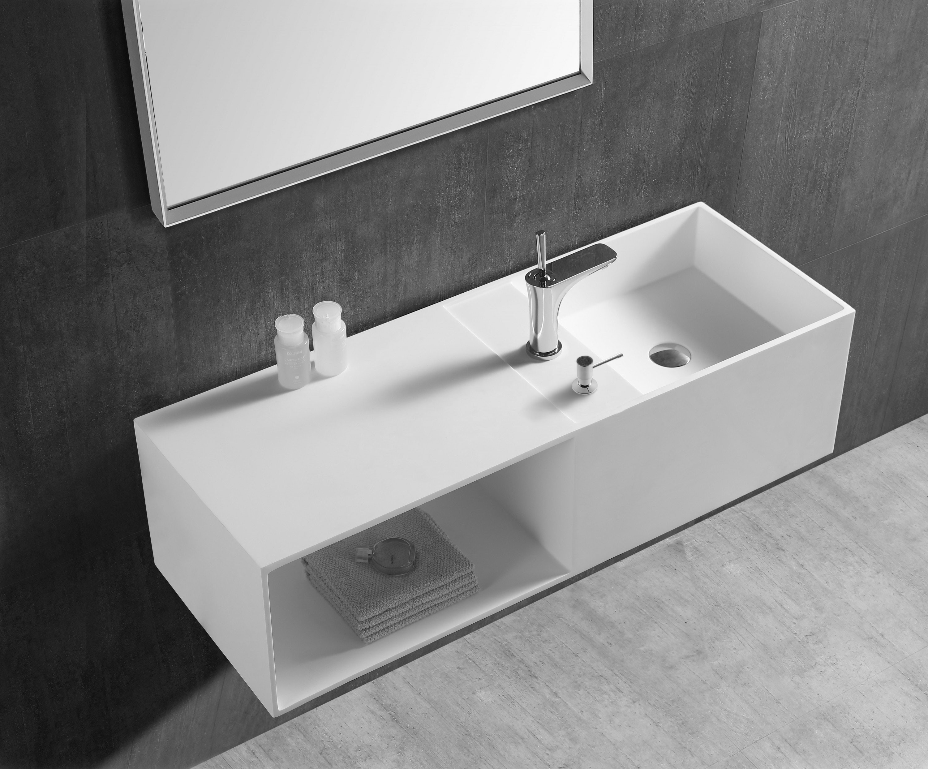 Lavabo mural de fundición mineral TWG36 en blanco con compartimento de almacenaje a la izquierda - 110 x 40 x 30 cm