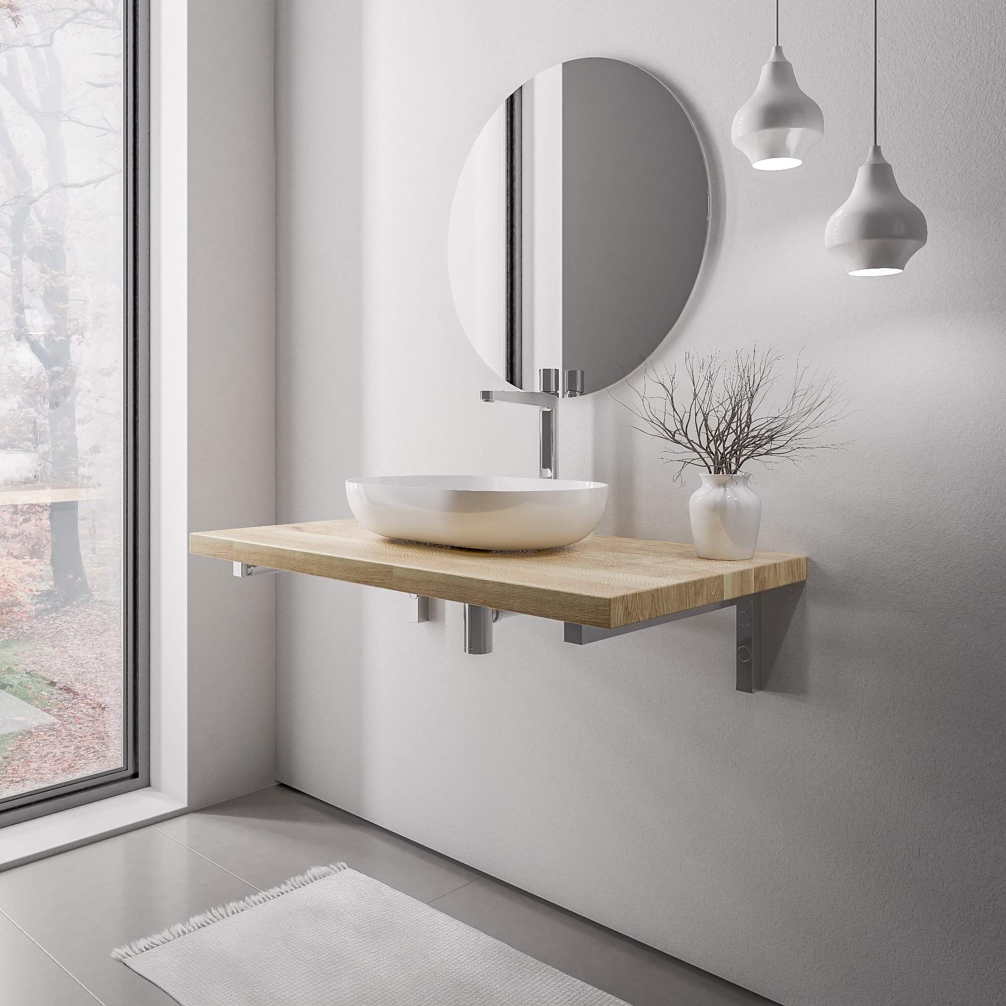 Wastafelblad PUREWOOD massief eiken met wandbeugel - selecteerbare breedte