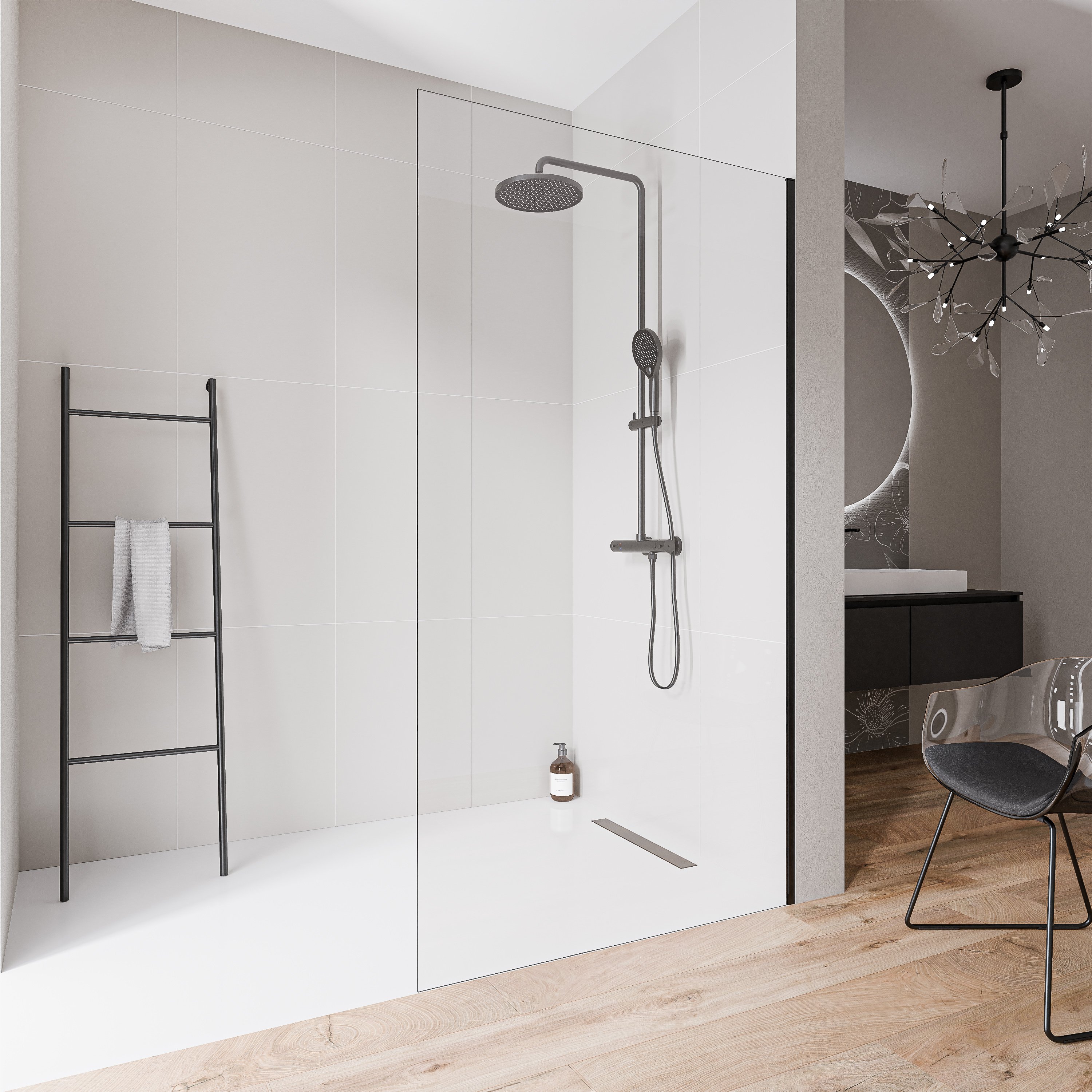 Walk-in vetro trasparente 10mm con nano rivestimento EX102-2 - profilo in acciaio inossidabile nero opaco - altezza 220cm - larghezza selezionabile