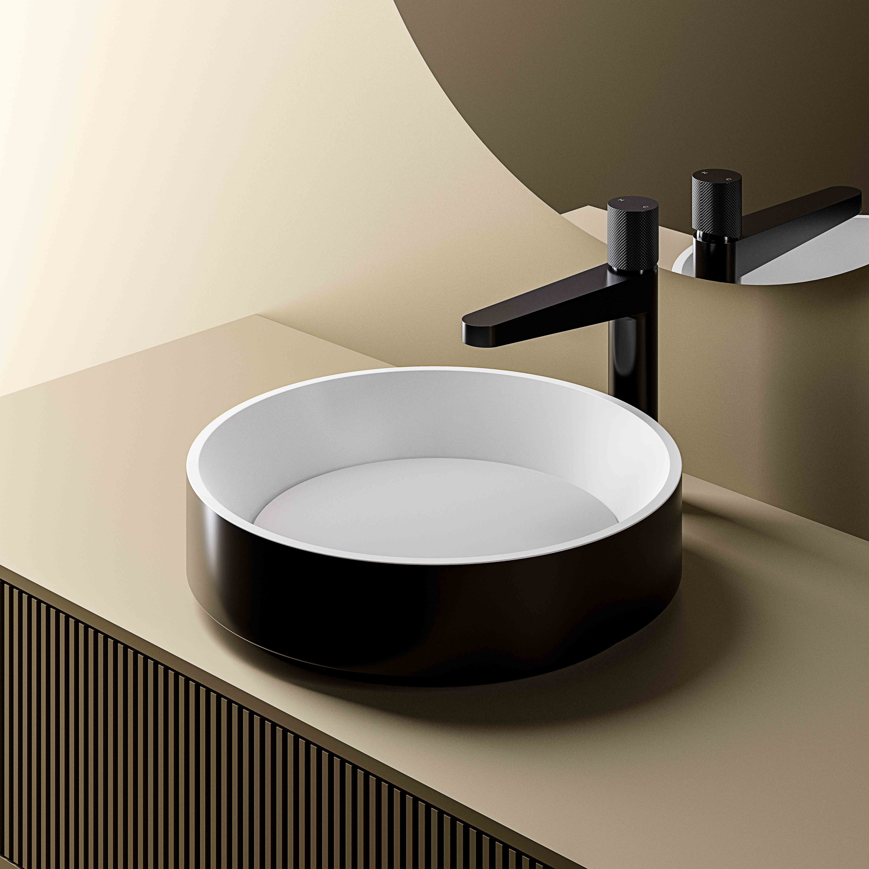 Lavabo à poser en Solid Surface NT2430  - 42 x 42 x 11 cm - blanc/noir mat
