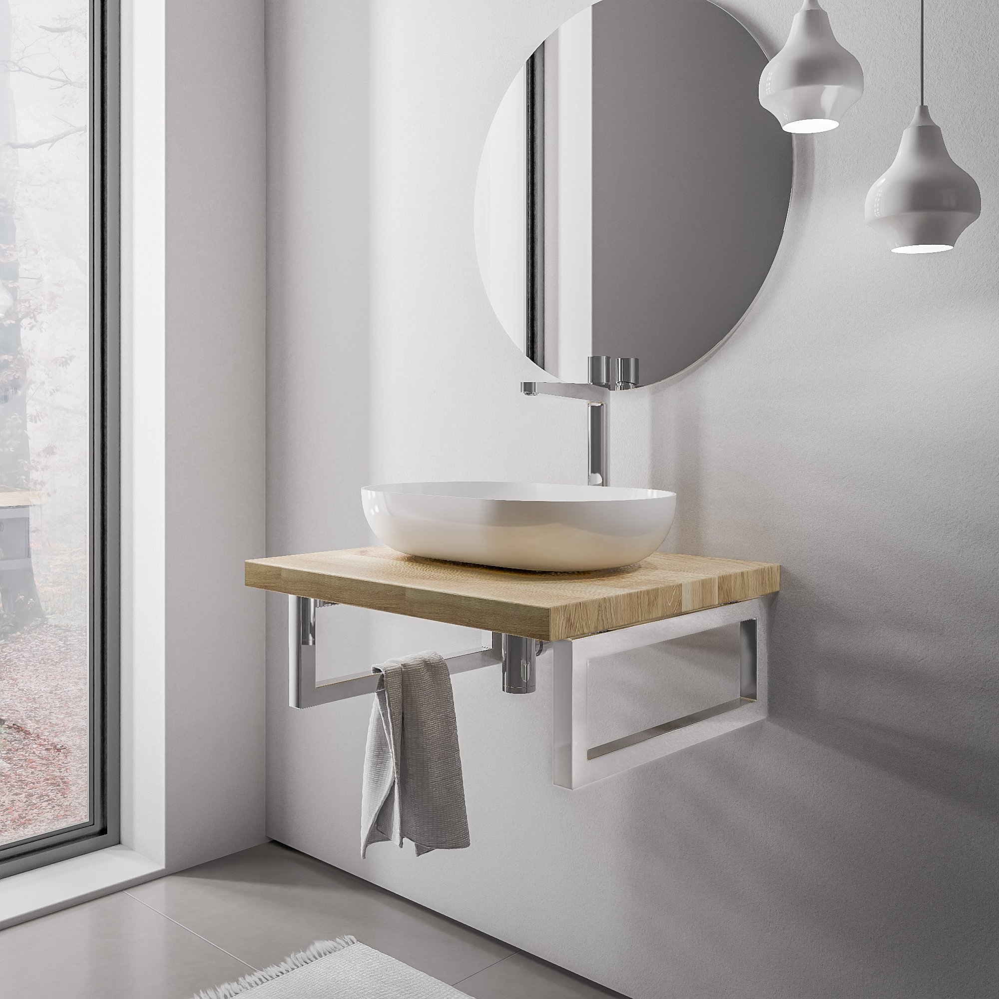 Solid oak washbasin worktop PUREWOOD with towel rail - selectable width