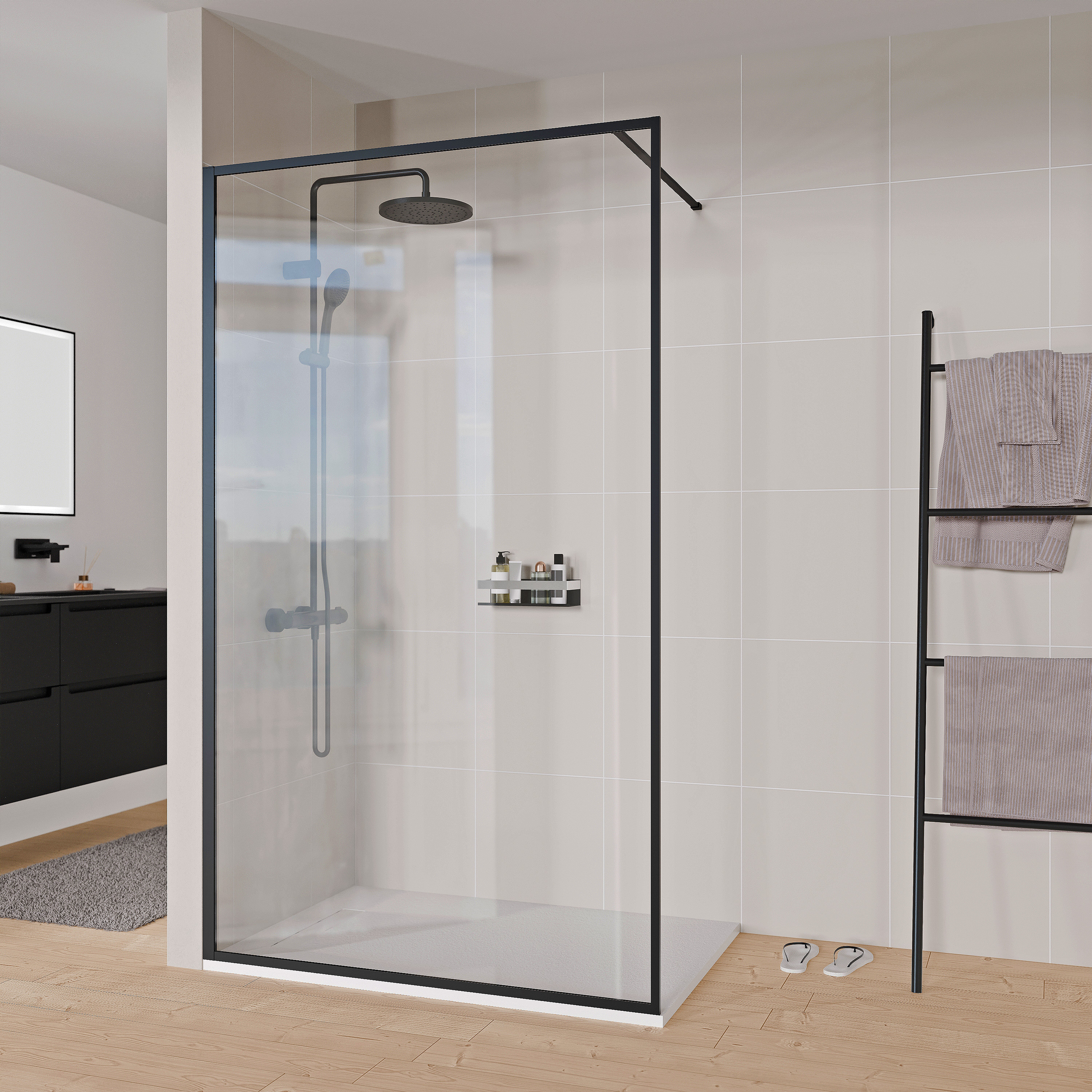 Cabina doccia Walk-In 8mm vetro trasparente TELAIO - altezza 220cm - profilo in alluminio nero opaco incl. barra di stabilizzazione - larghezza selezionabile
