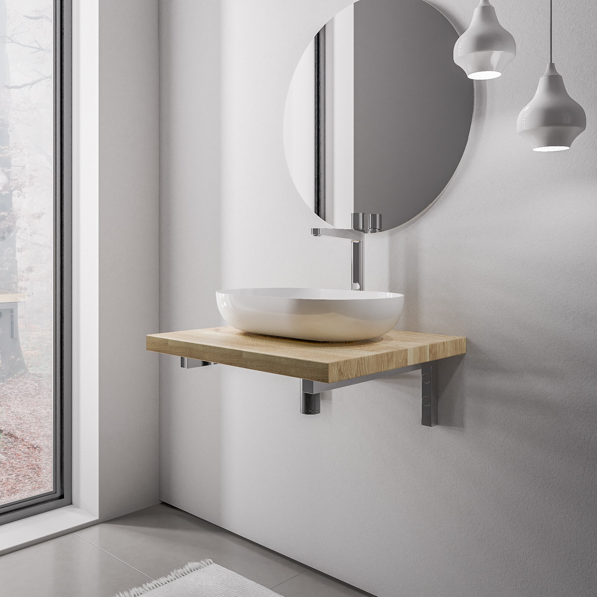 Wastafelblad PUREWOOD massief eiken met wandbeugel - selecteerbare breedte