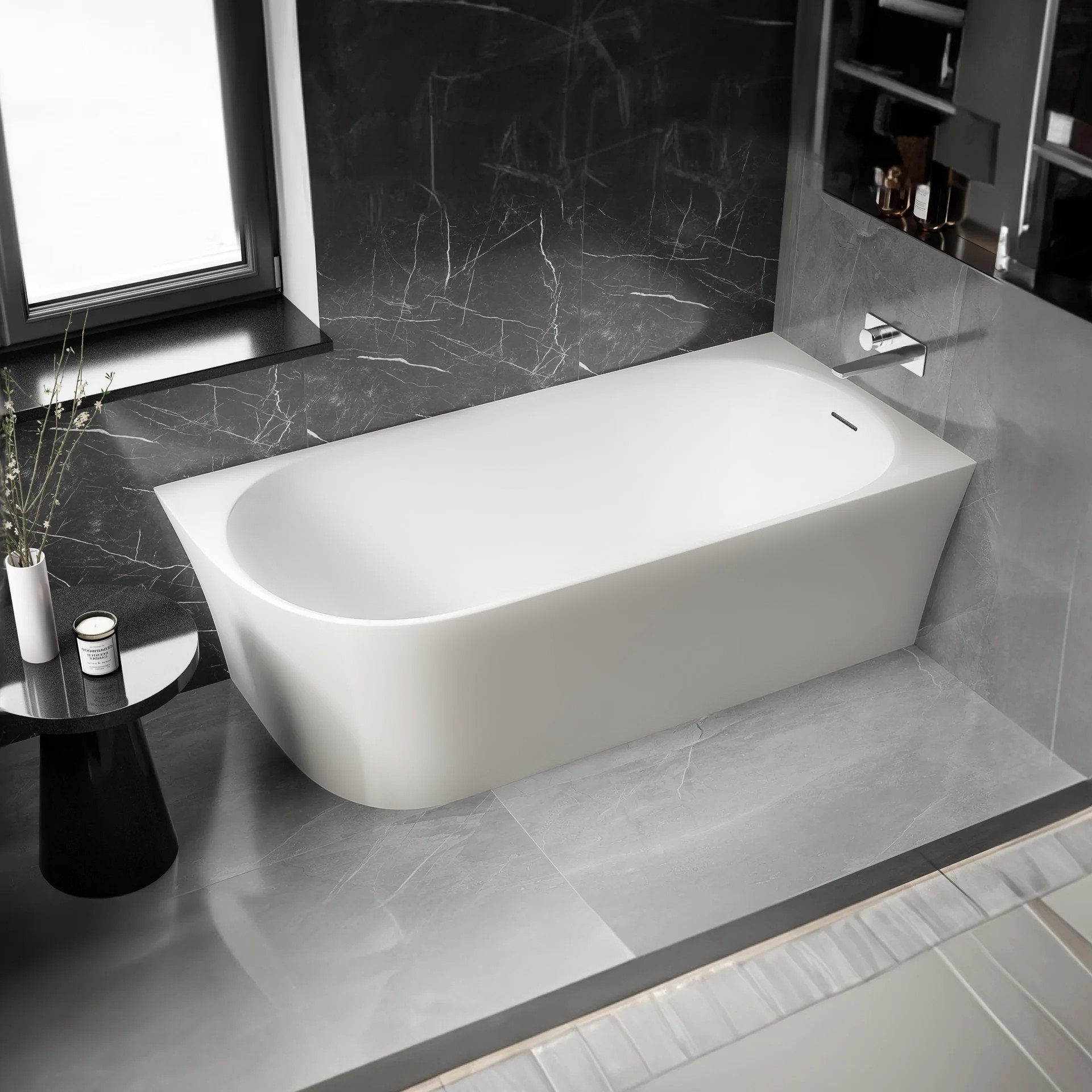 Half Freestanding Space-Saving Bathtub NORA CORNER Acrylic Matte White - 170 x 80 cm - Right Installation