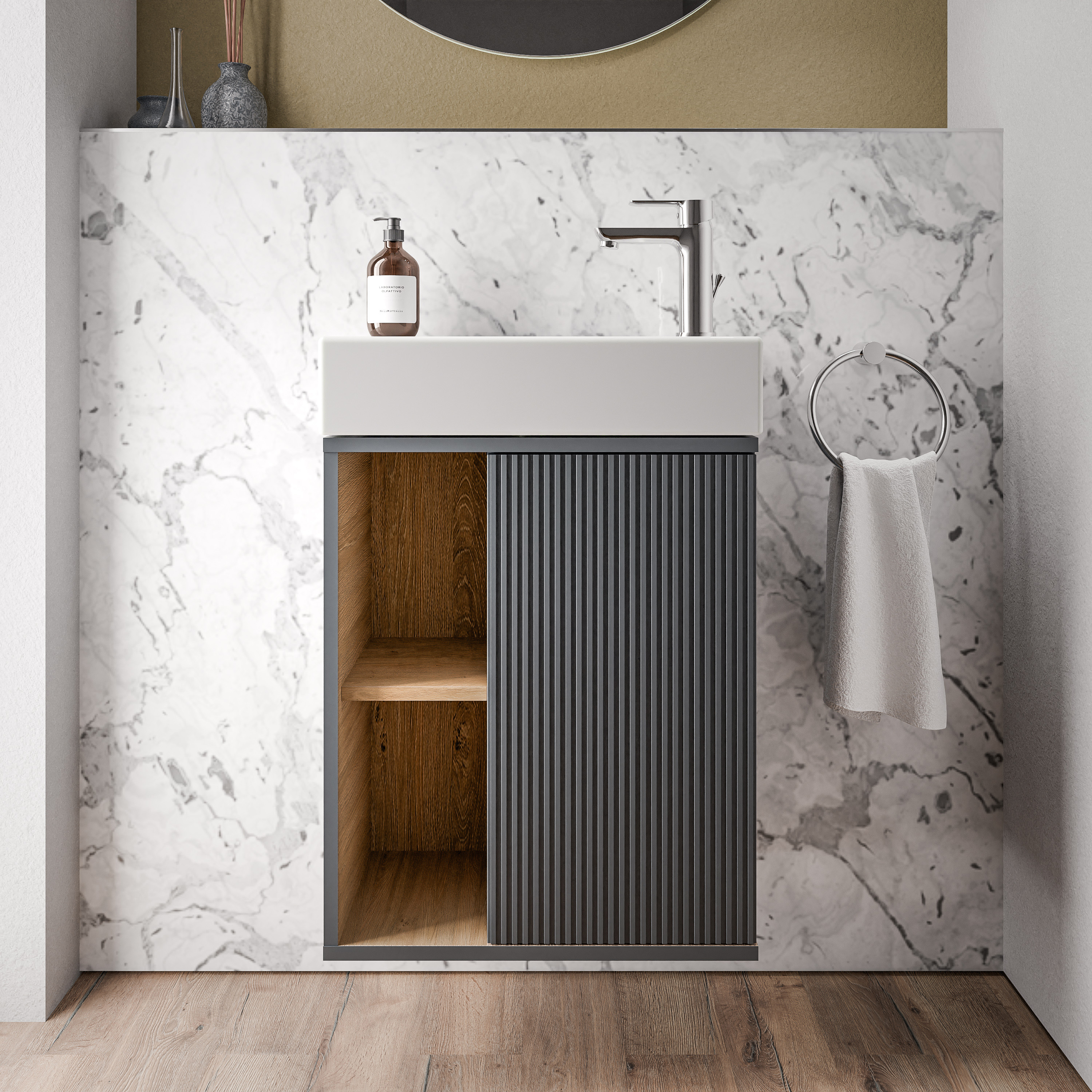 Mobile da bagno BELDIVO 50cm con lavabo bianco - cerniera anta destra - colore selezionabile
