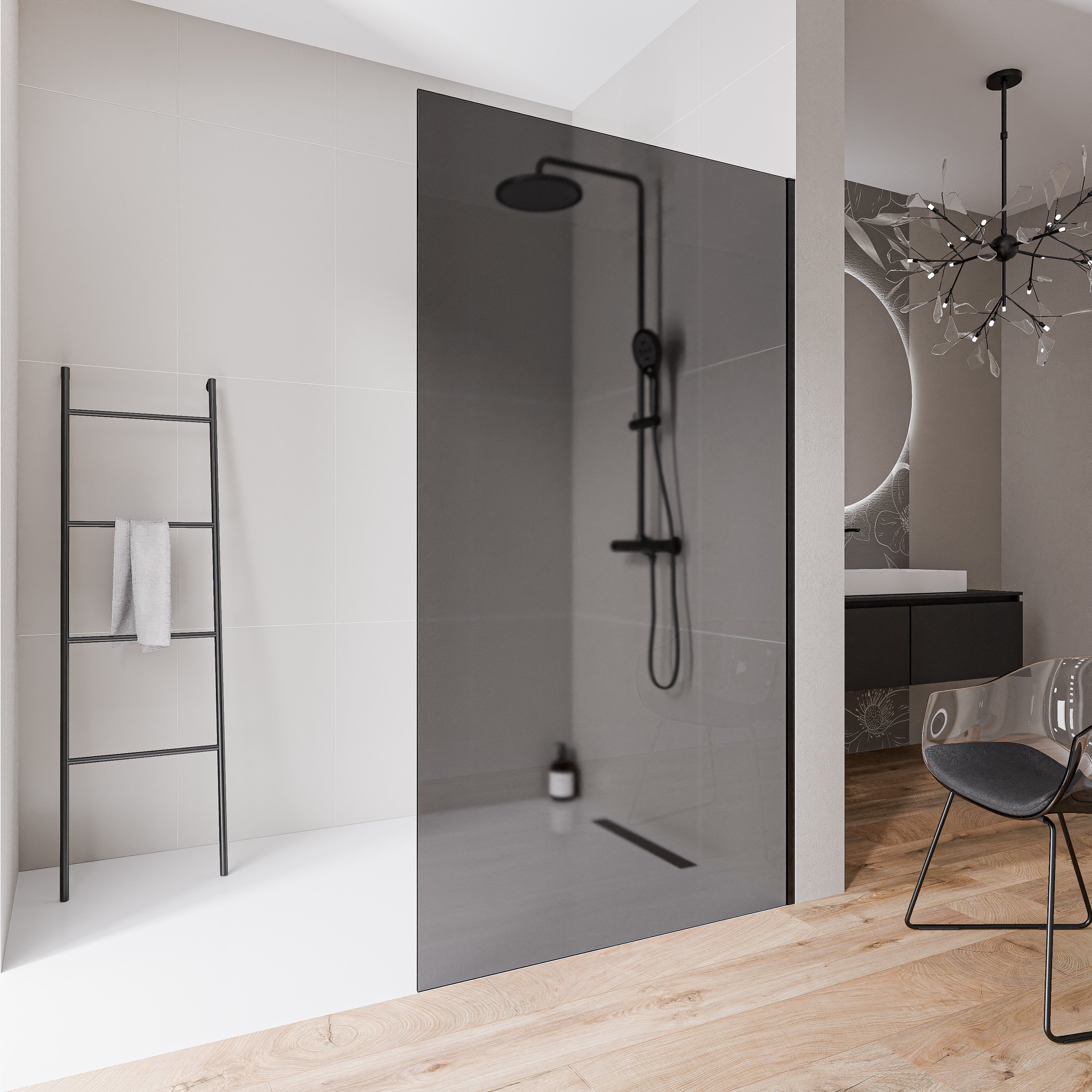 Walk-In 10mm vetro grigio nano EX102-2 - Profilo in acciaio inox nero opaco - Altezza 220cm - Larghezza selezionabile