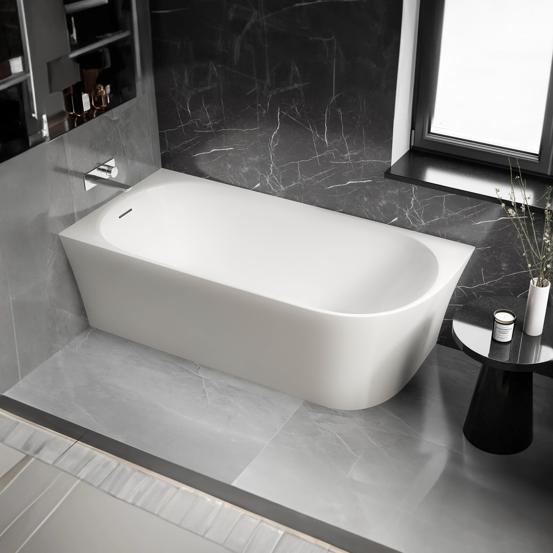 Semi-freestanding space-saving bathtub NORA CORNER acrylic white matt - 170 x 80 cm - installation left 