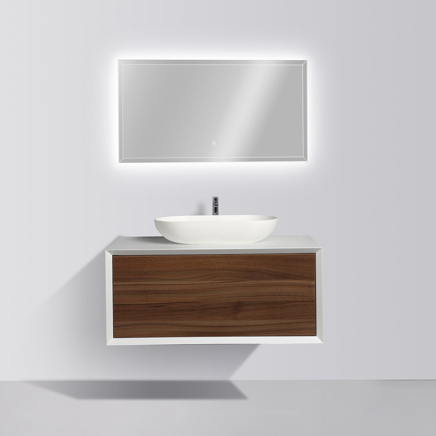 Wall mounted bathroom furniture set FIONA 900 - matte white cabinet and dark walnut drawer - optional mirror 