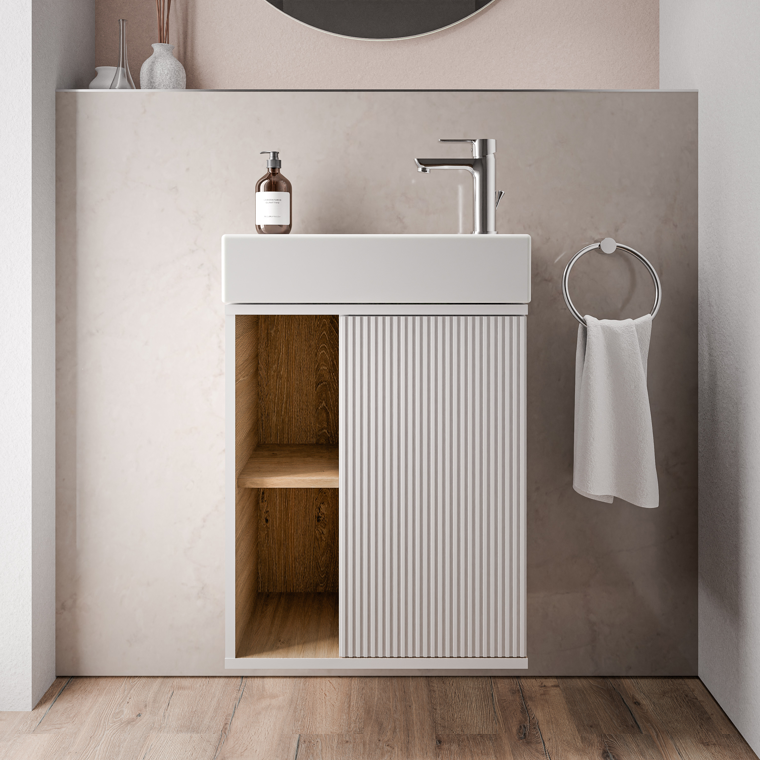 Mobile da bagno BELDIVO 50cm con lavabo bianco - cerniera anta destra - colore selezionabile