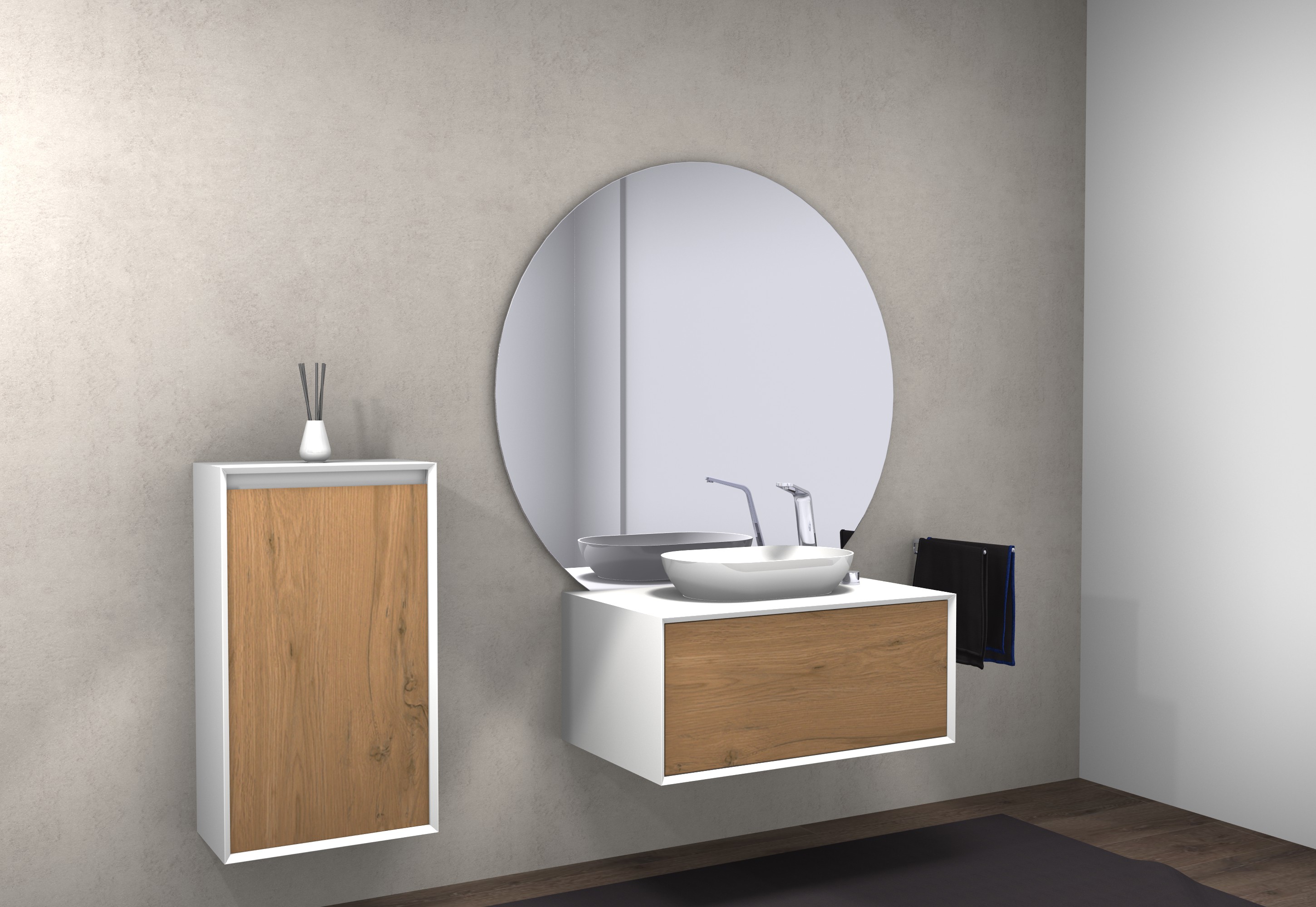 Fiona 900 white matt bathroom furniture - concrete or oak-look front - side cabinet, washbasin and mirror optional