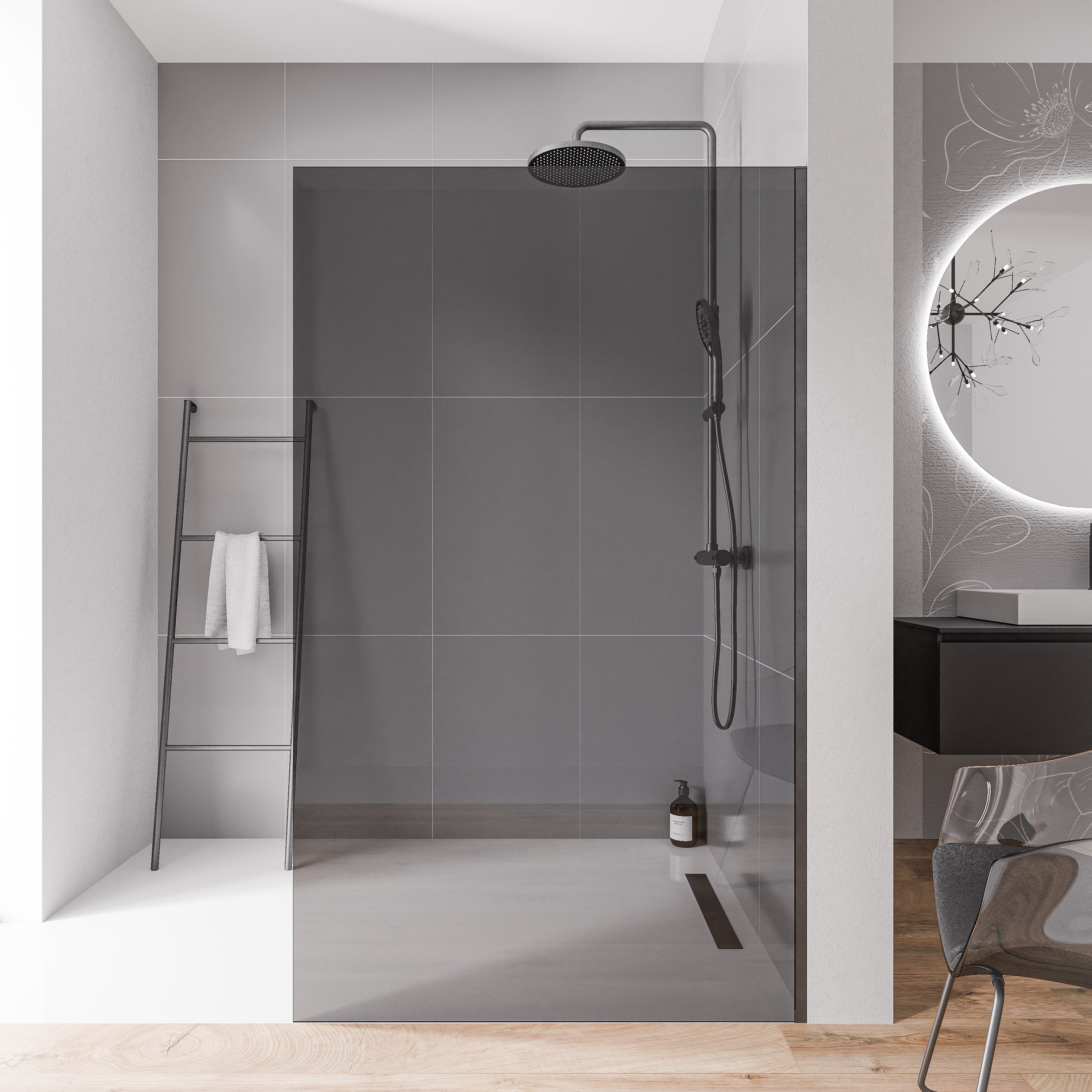 Walk-In 10 mm vetro nano grigio EX102 - profilo in acciaio inox nero grafite spazzolato - larghezza selezionabile