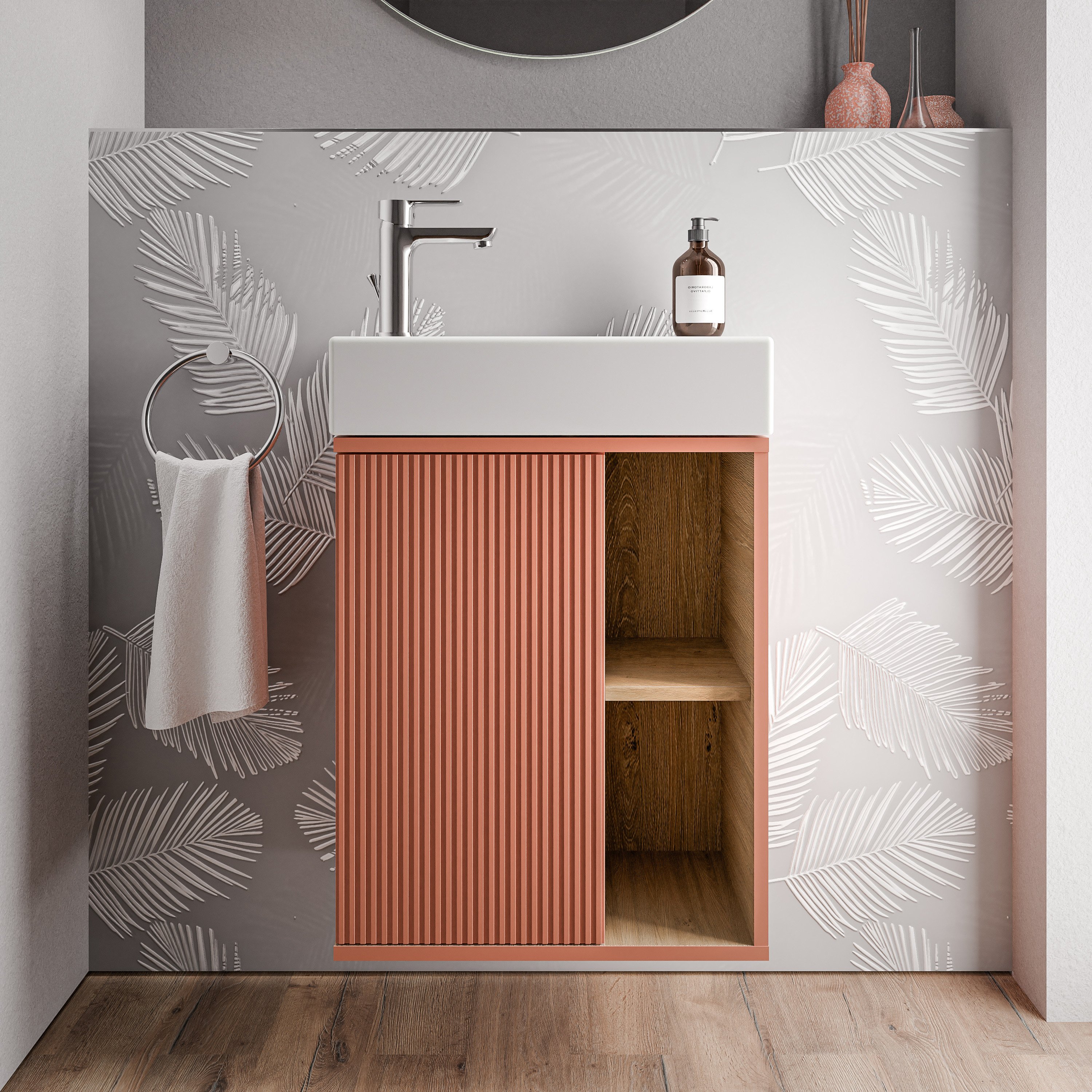 Badkamermeubel BELDIVO 50 cm met witte wasbak - deurscharnier links - kleur selecteerbaar