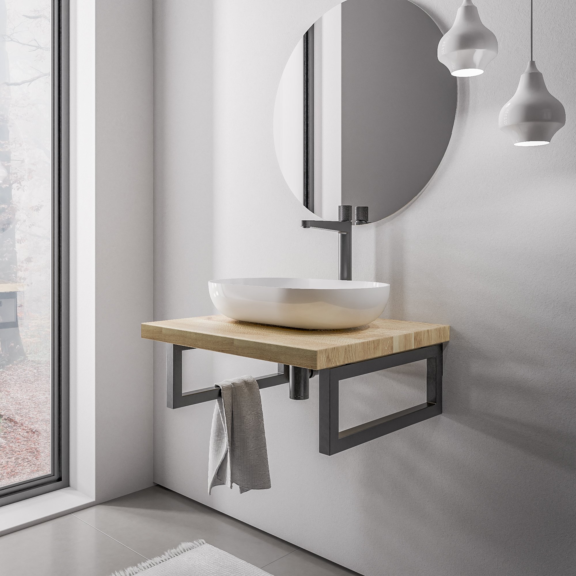 Repisa de lavabo de roble macizo PUREWOOD con toallero - anchura seleccionable