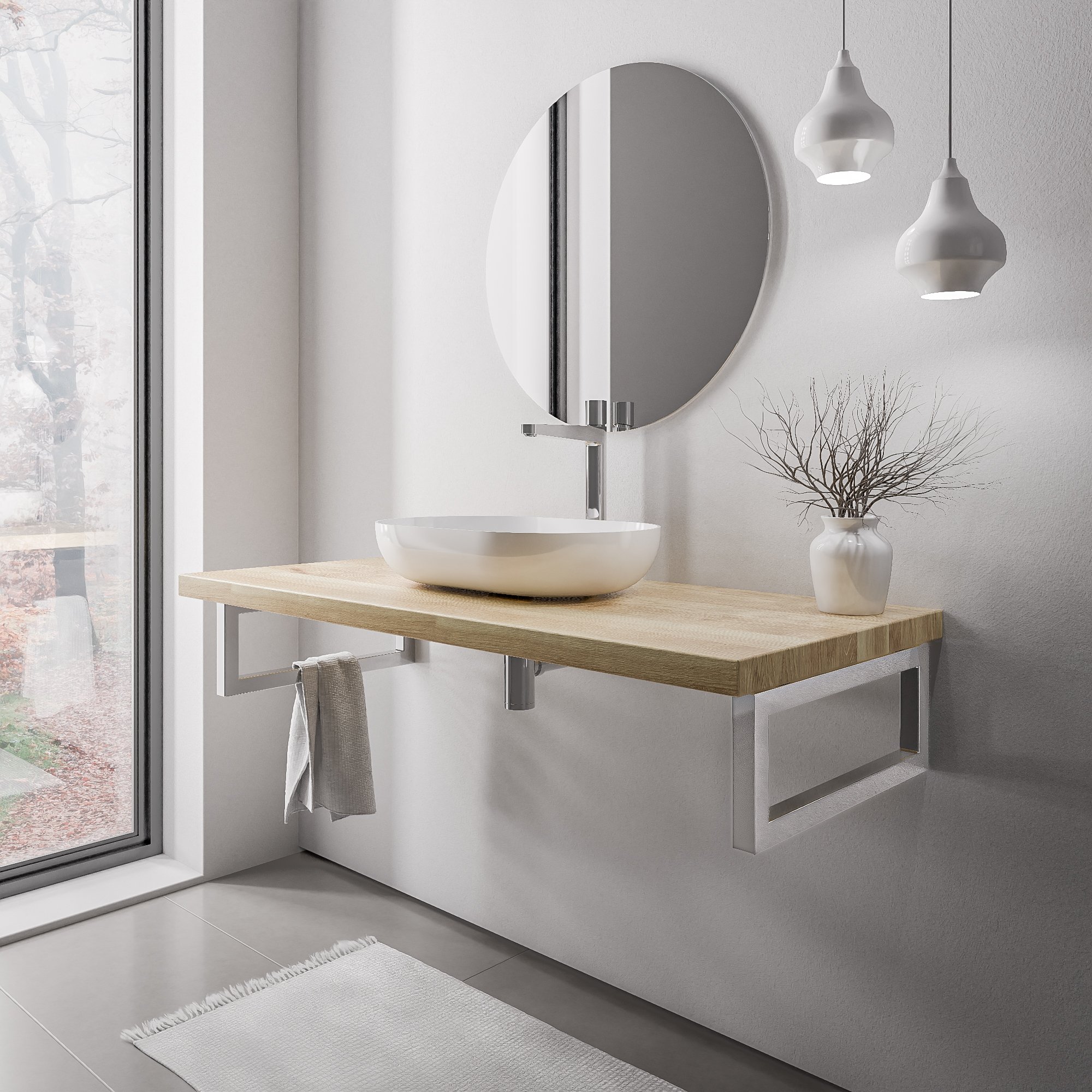 Houten wastafelblad 120 cm PUREWOOD massief eiken met handdoekhouder in chroom