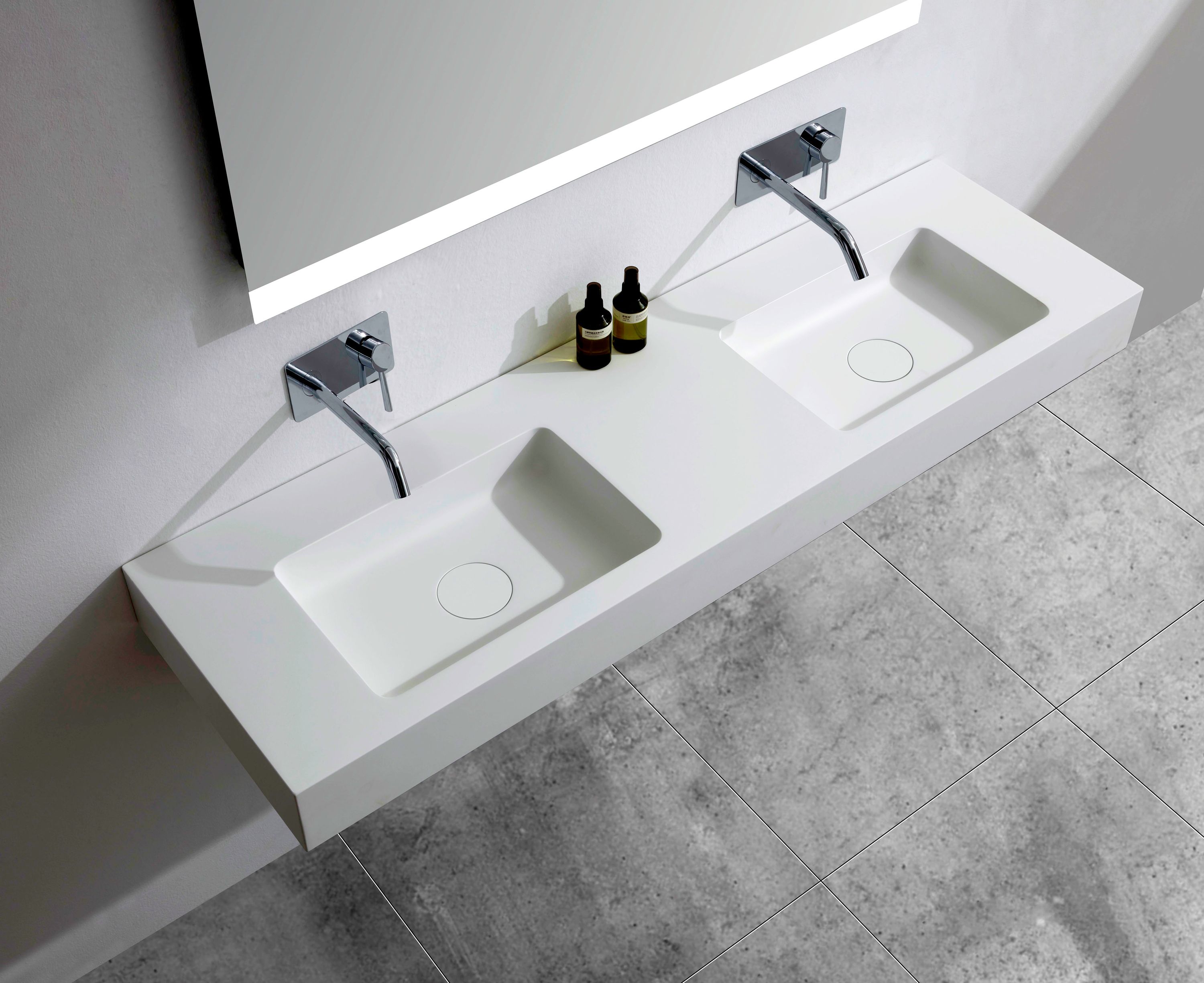 Lavabo doble suspendido BA8015 de piedra epoxi - 153 x 45 x 12 cm - distintos colores - consola metálica opcional