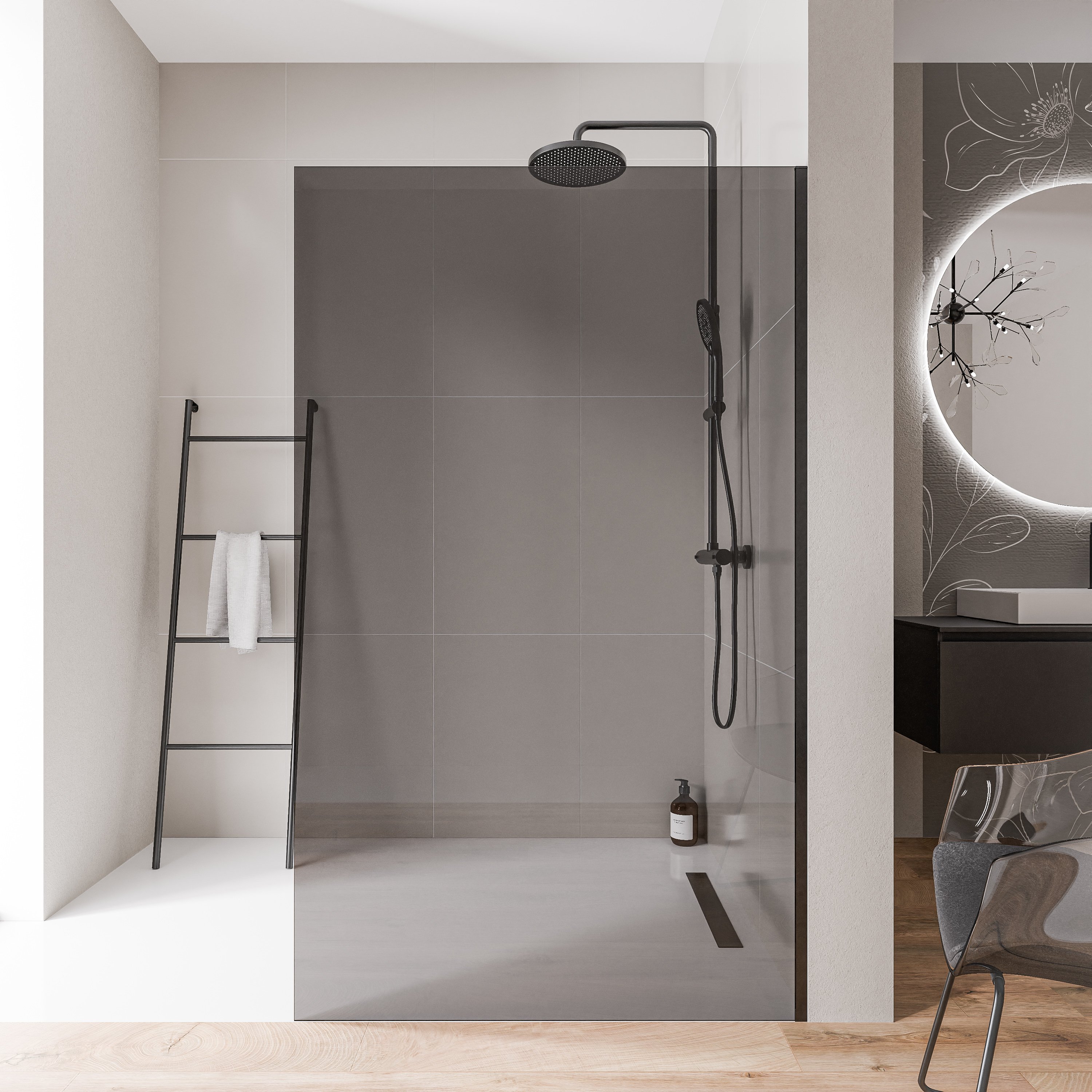 Cabina doccia 10 mm in vetro grigio nano EX102 - 1 parete in vetro con profilo in acciaio inox nero opaco - larghezza selezionabile