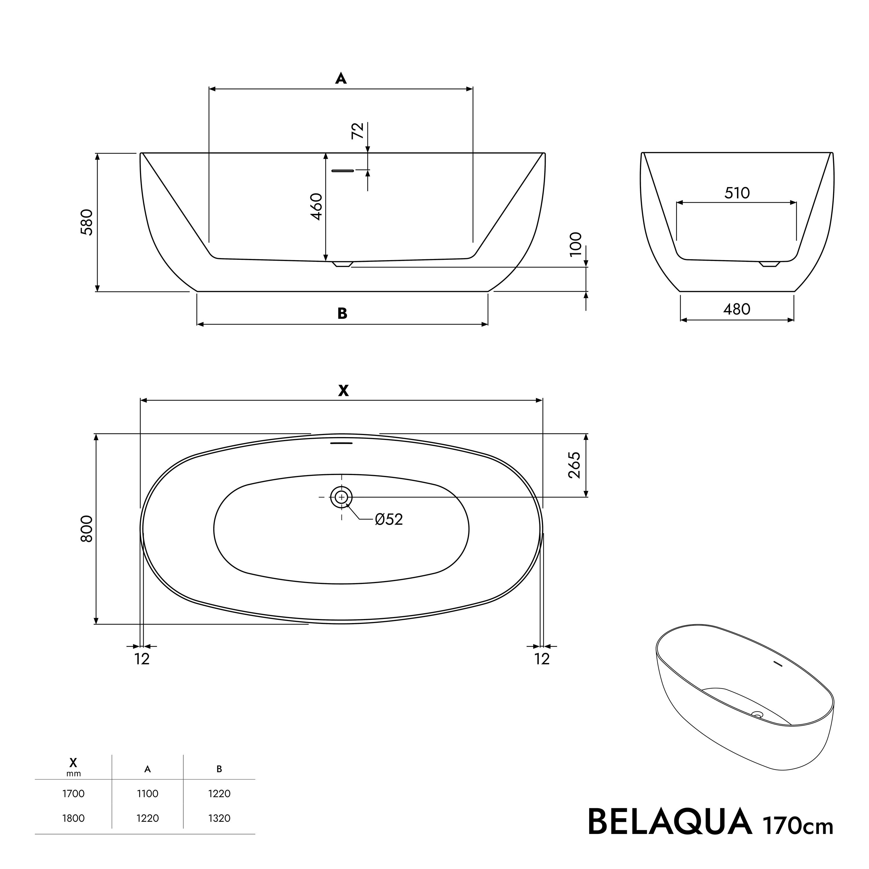 Vasca da bagno autoportante BELAQUA Acrilico Bianco lucido - 170 x 80 x 58 cm Vasca da bagno autoportante BELAQUA Acrilico Bianco lucido - 170 x 80 x 58 cm