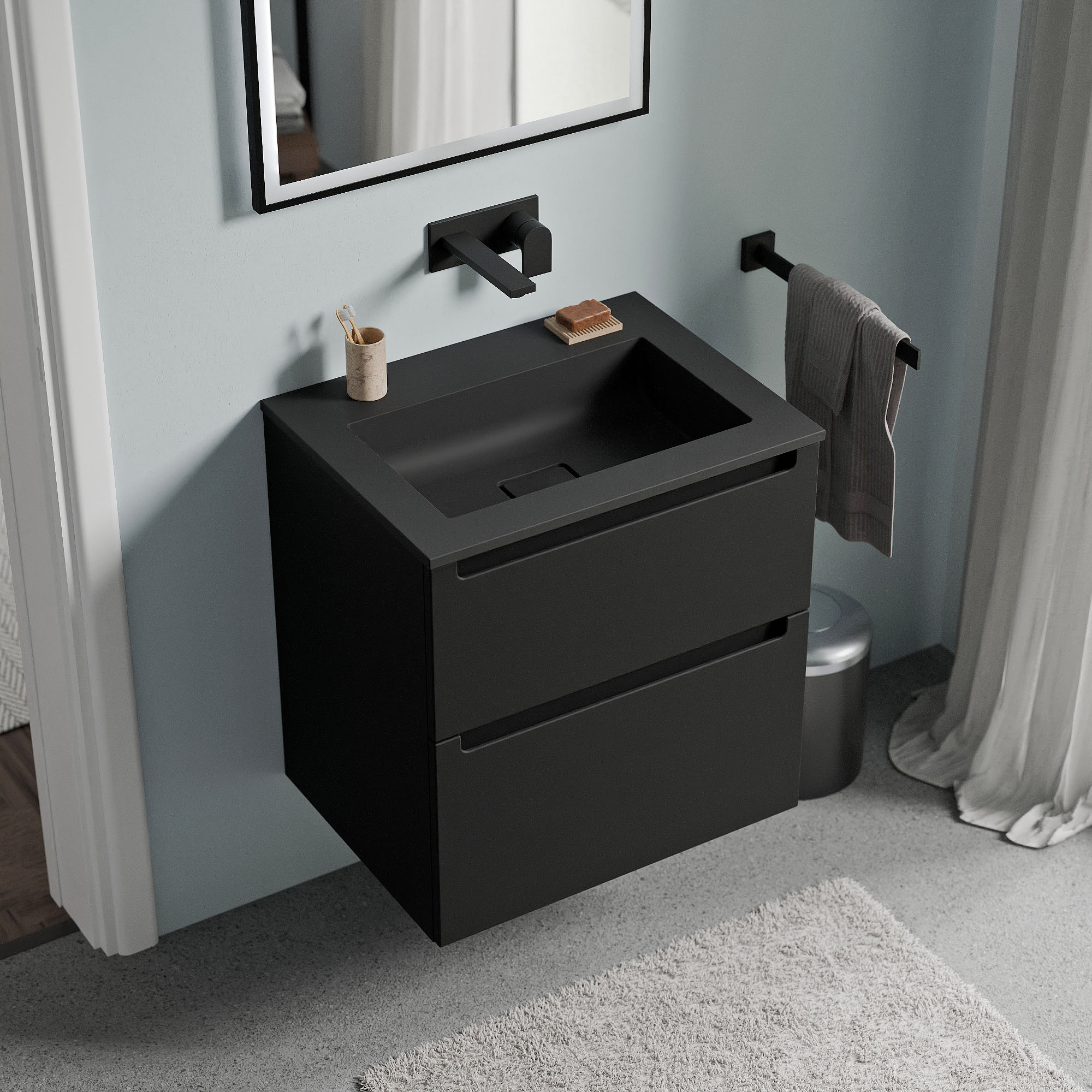 Mueble bajo lavabo VIREO 60 cm con lavabo de fundición mineral BRUXELLES - color a elegir 170110