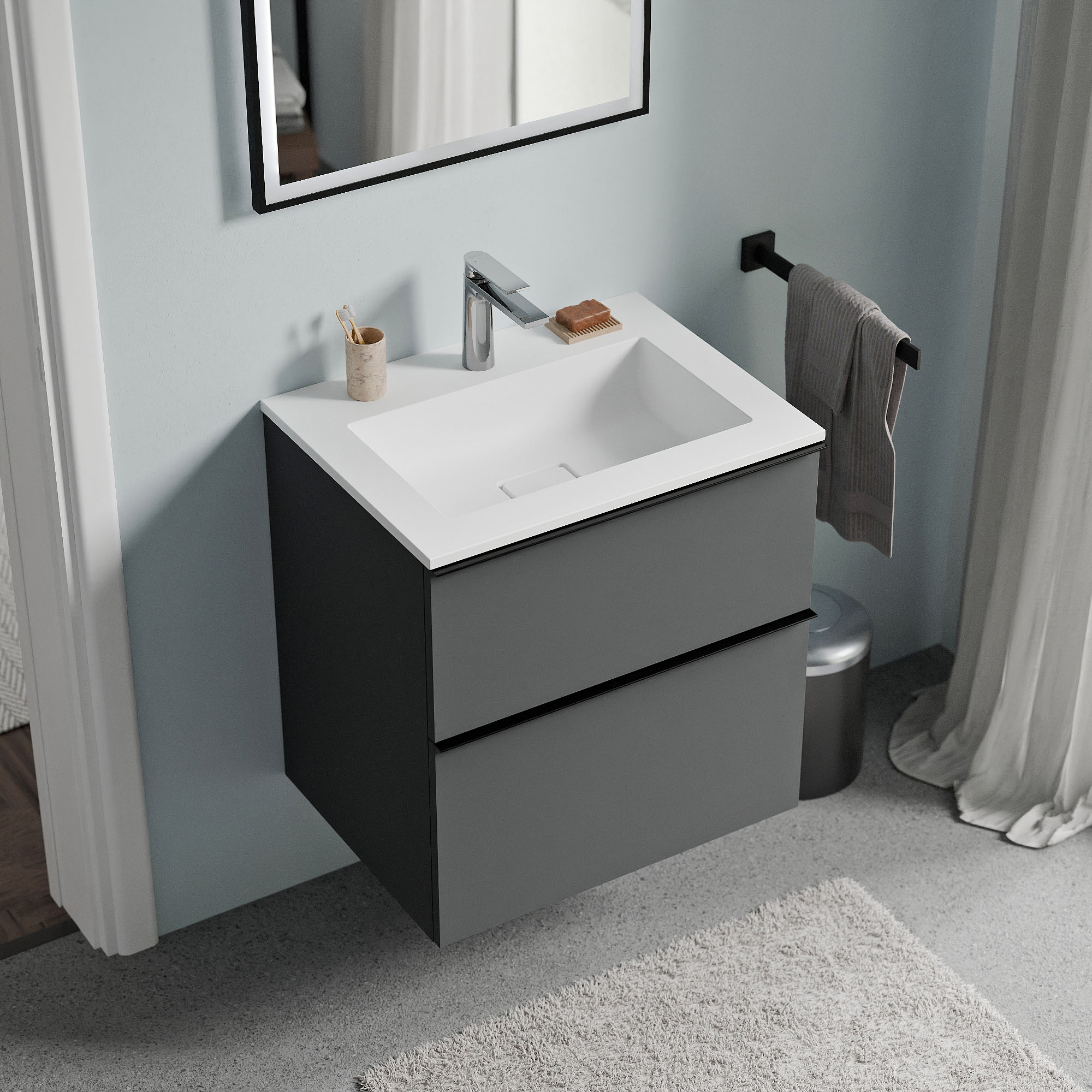 Armario bajo LAVOA 60 cm con lavabo de fundición mineral BRUXELLES - color a elegir 167352,167356,167360