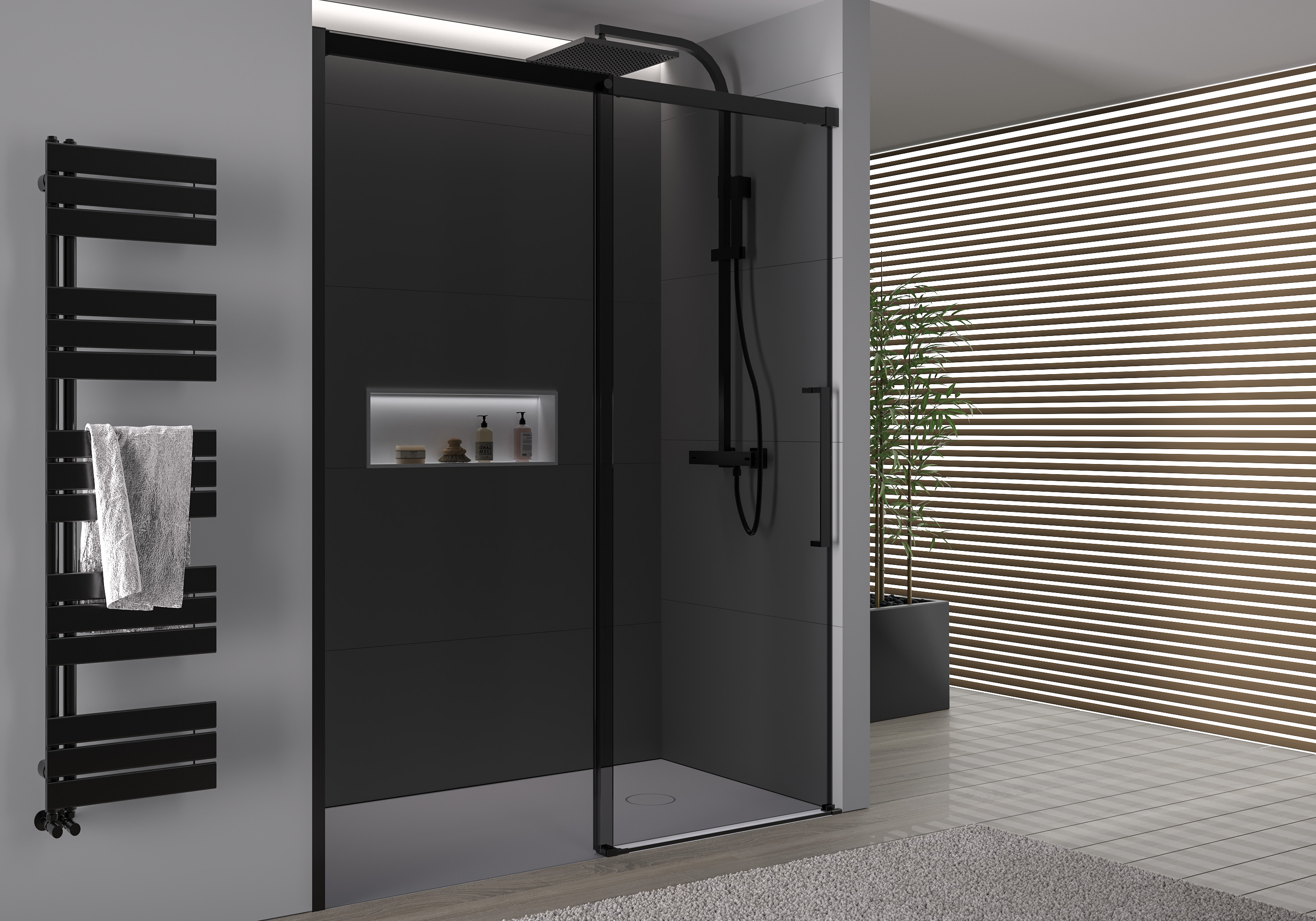 Indbygningsbruser med skydedør Soft-Close DX906 FLEX - 8 mm Nano grå glas - Sort mat - Valgbar bredde