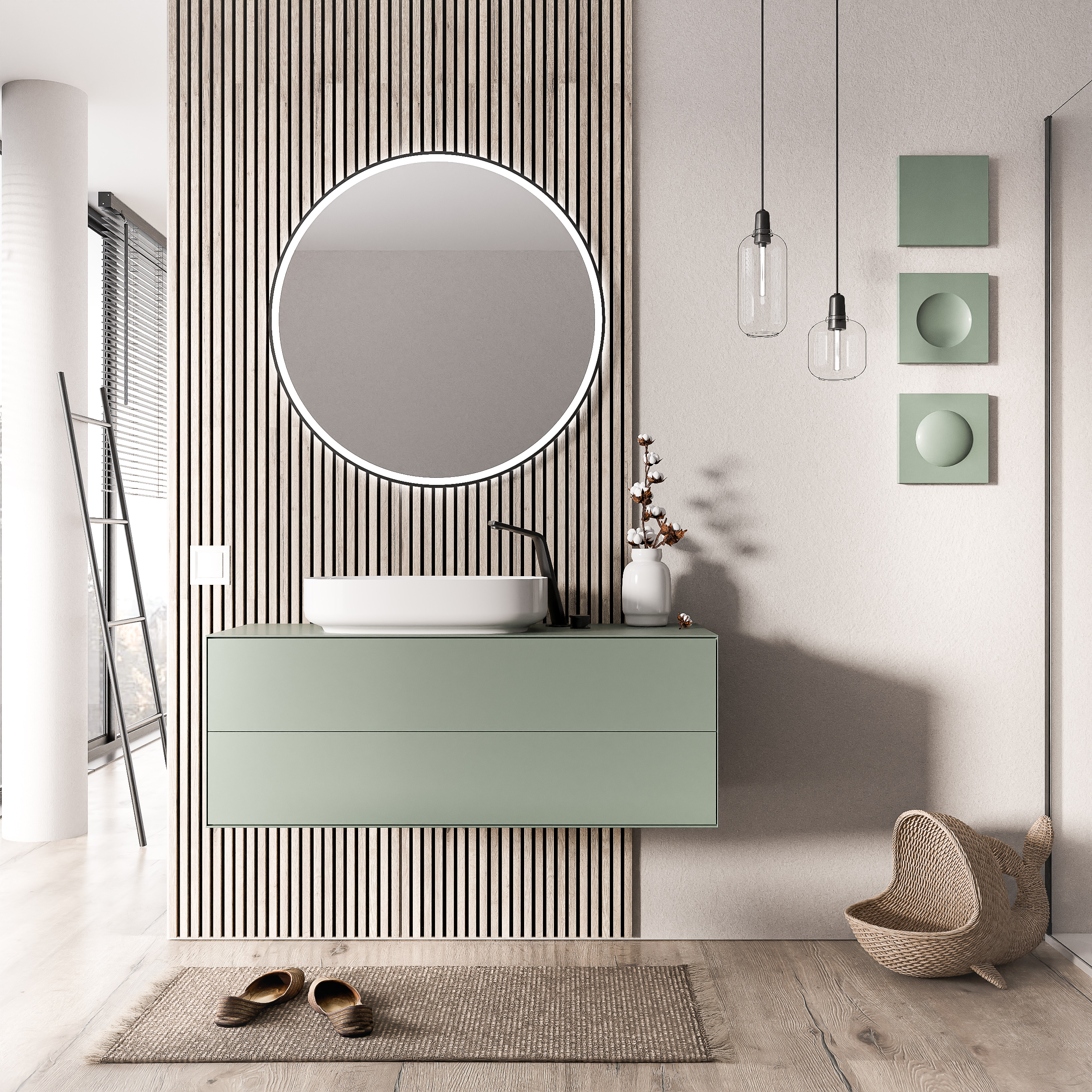 Armário inferior MILOU 100 cm para lavatório de bancada - 2 gavetas - Verde jade mate
