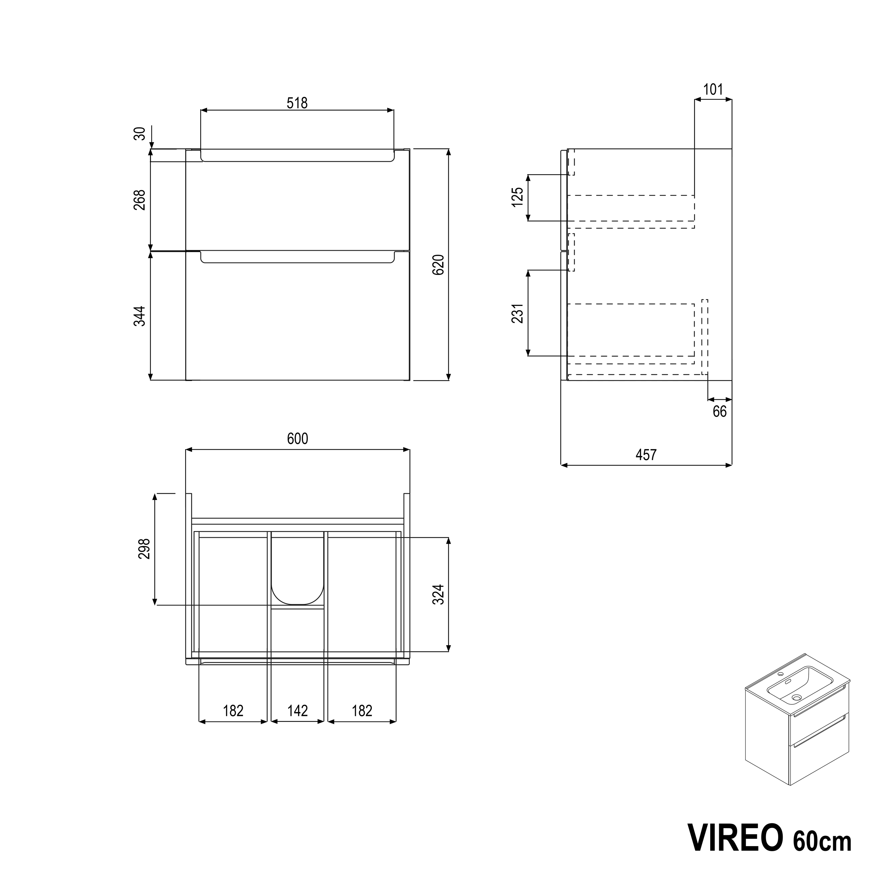 Mueble lavabo VIREO 60 cm con lavabo negro - color a elegir Mueble lavabo VIREO 60 cm con lavabo negro - color a elegir