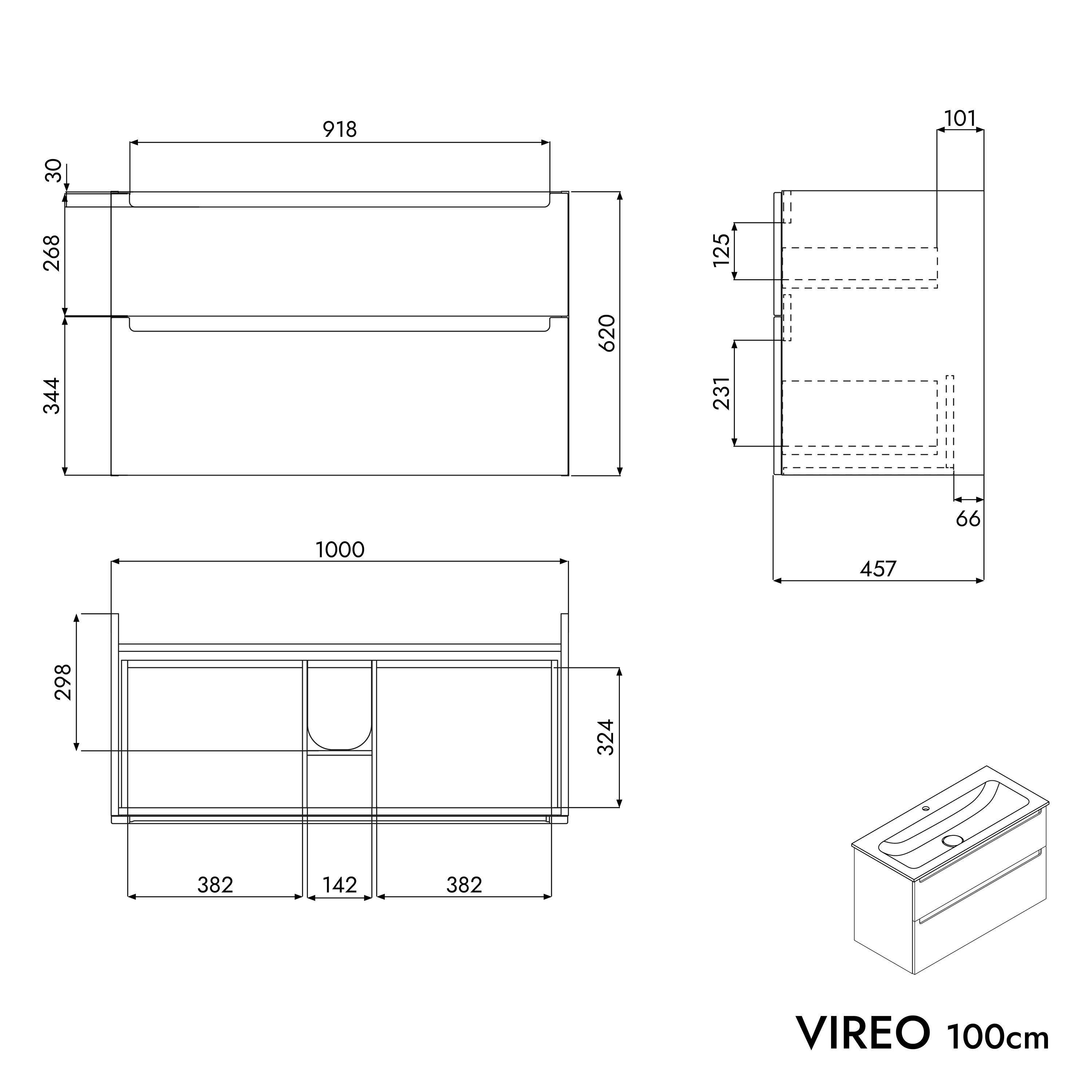 Armário de base VIREO 100 cm com lavatório de mineral fundido CREAM - cor selecionável Armário de base VIREO 100 cm com lavatório de mineral fundido CREAM - cor selecionável