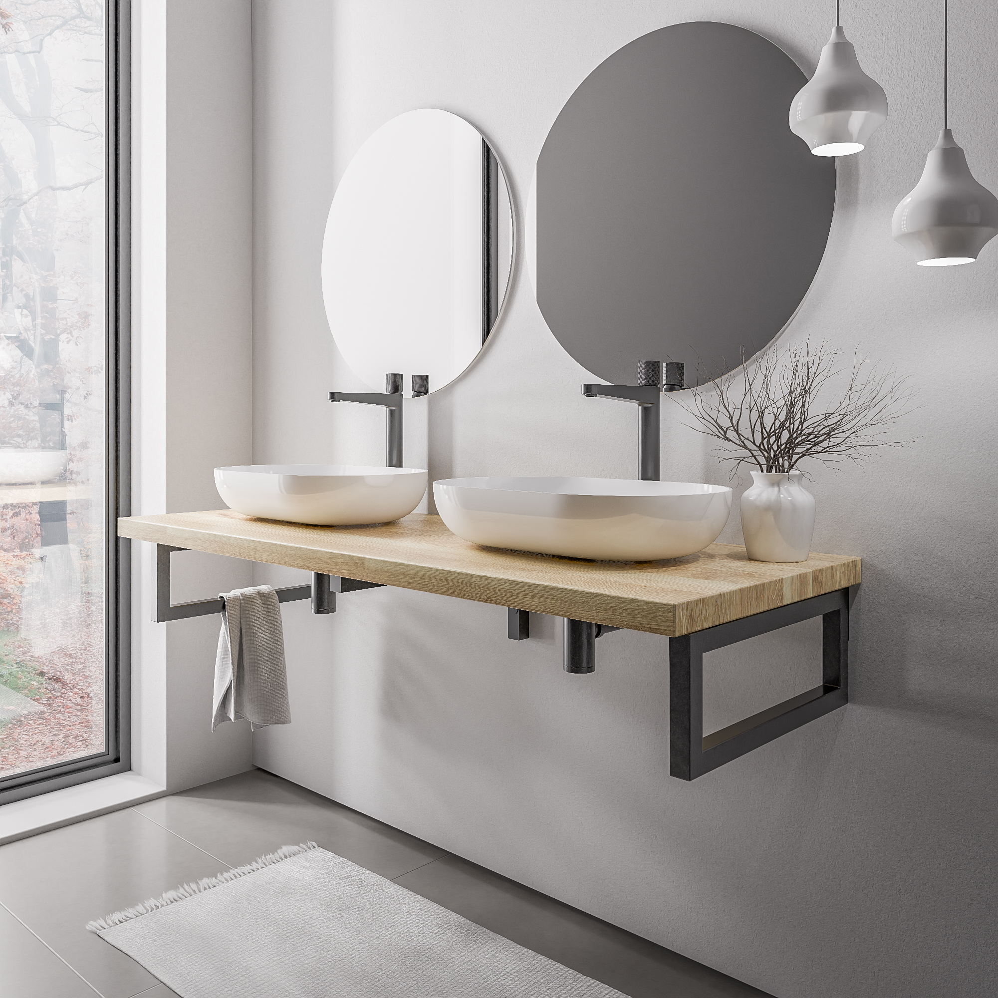 Houten wastafelblad 140 cm PUREWOOD massief eiken met handdoekhouder in mat zwart