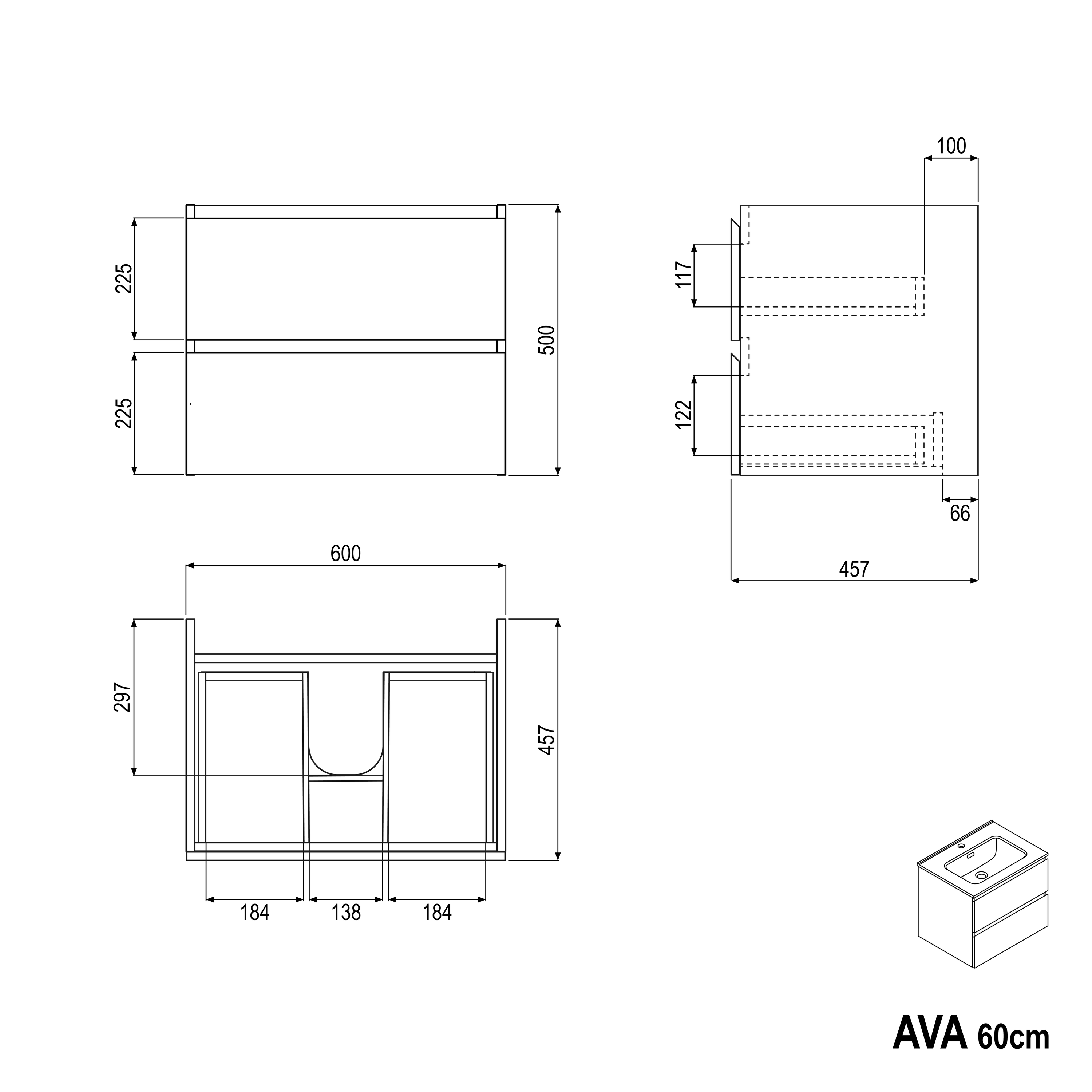 Badkamermeubel AVA 60 cm met keramische wastafel - kleur selecteerbaar 166497,166498,166499,166500,166501,166502,166503,166504
