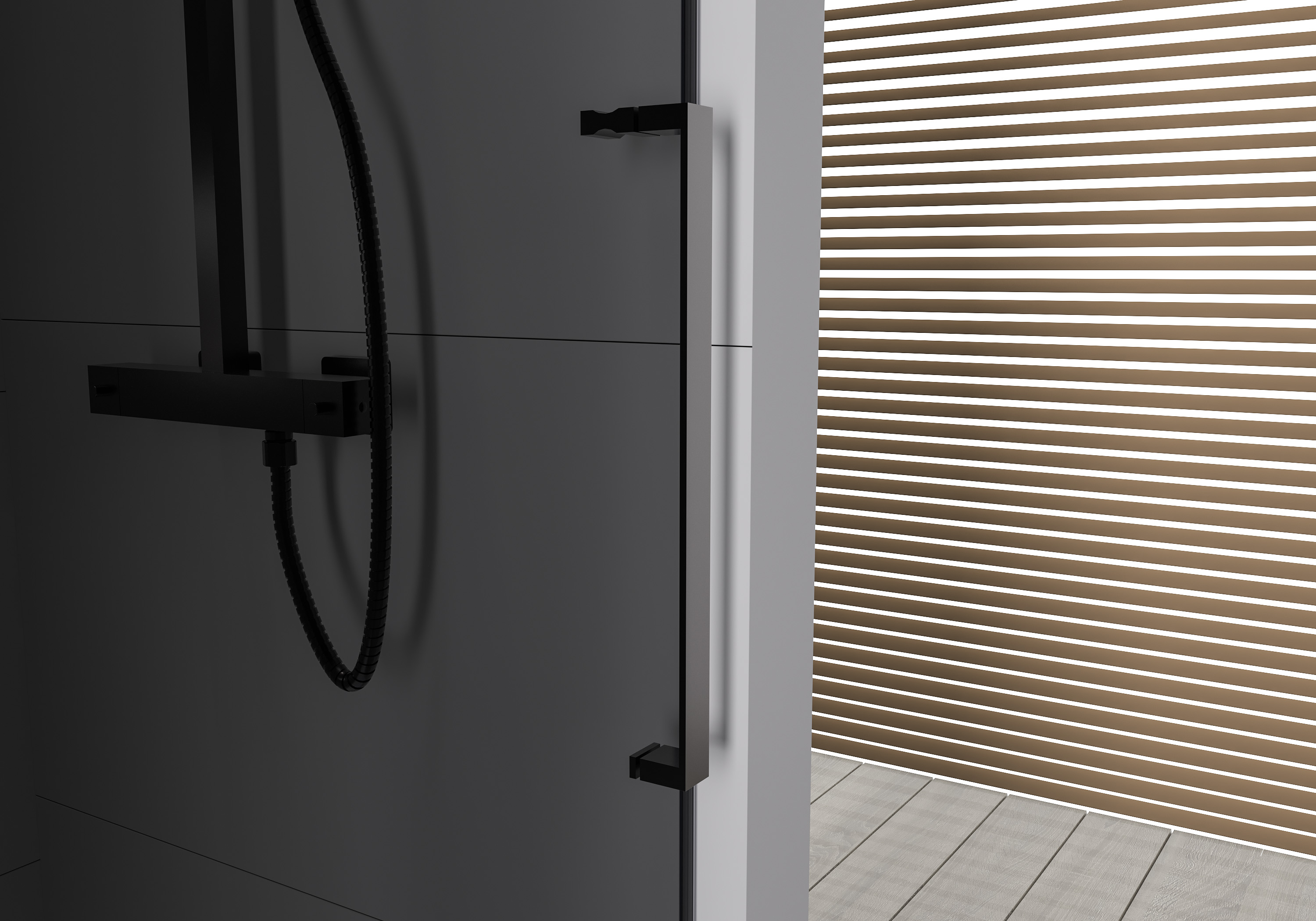 Ducha empotrada con puerta corredera Soft-Close DX906 FLEX - Cristal 8 mm Nano grey - Negro mate - Anchura seleccionable Ducha empotrada con puerta corredera Soft-Close DX906 FLEX - Cristal 8 mm Nano grey - Negro mate - Anchura seleccionable