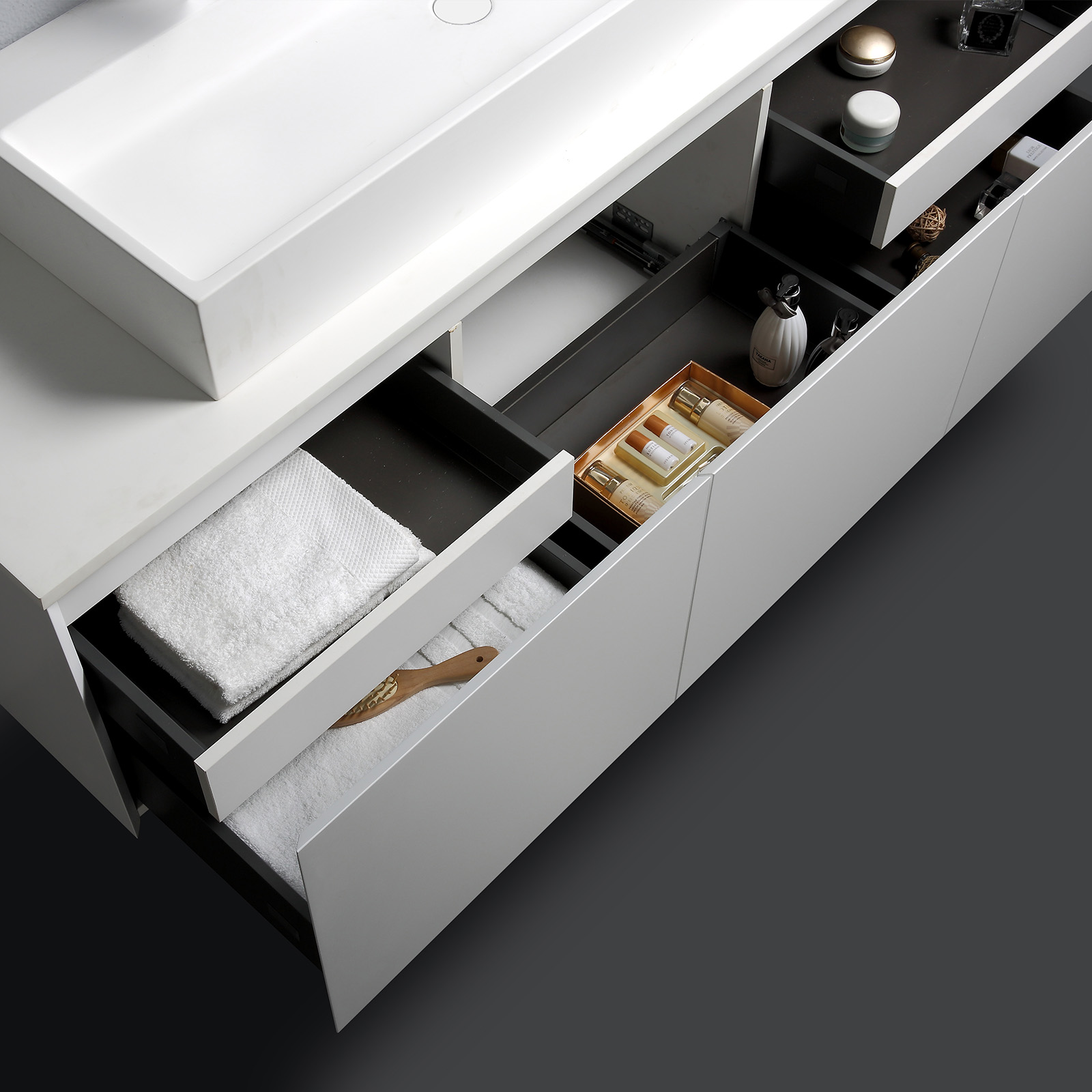Conjunto de muebles de baño Luna 1600 Blanco Mate con encimera de lavabo de fundición mineral Conjunto de muebles de baño Luna 1600 Blanco Mate con encimera de lavabo de fundición mineral