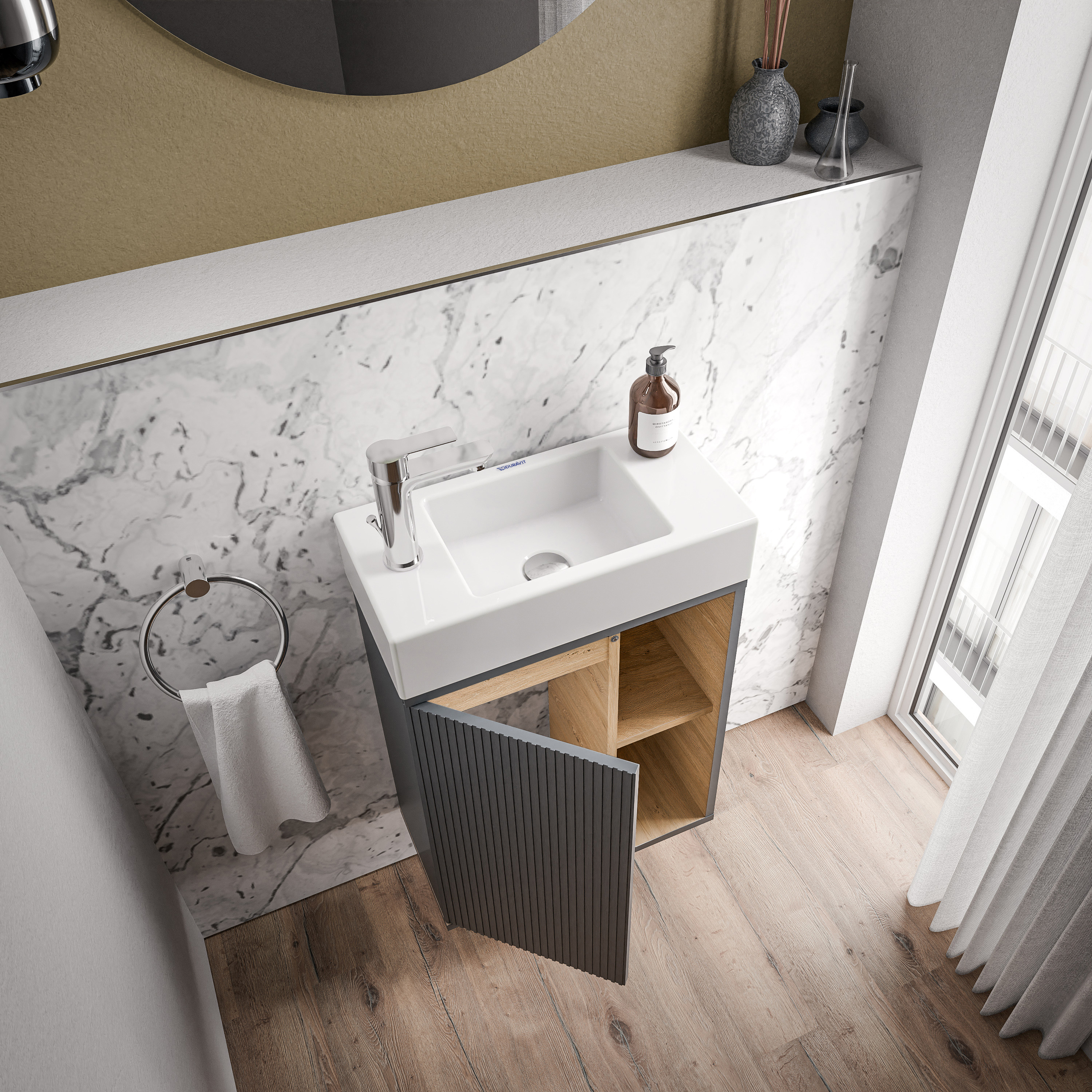 BELDIVO 50cm vanity unit with white washbasin - door hinge left - colour selectable BELDIVO 50cm vanity unit with white washbasin - door hinge left - colour selectable