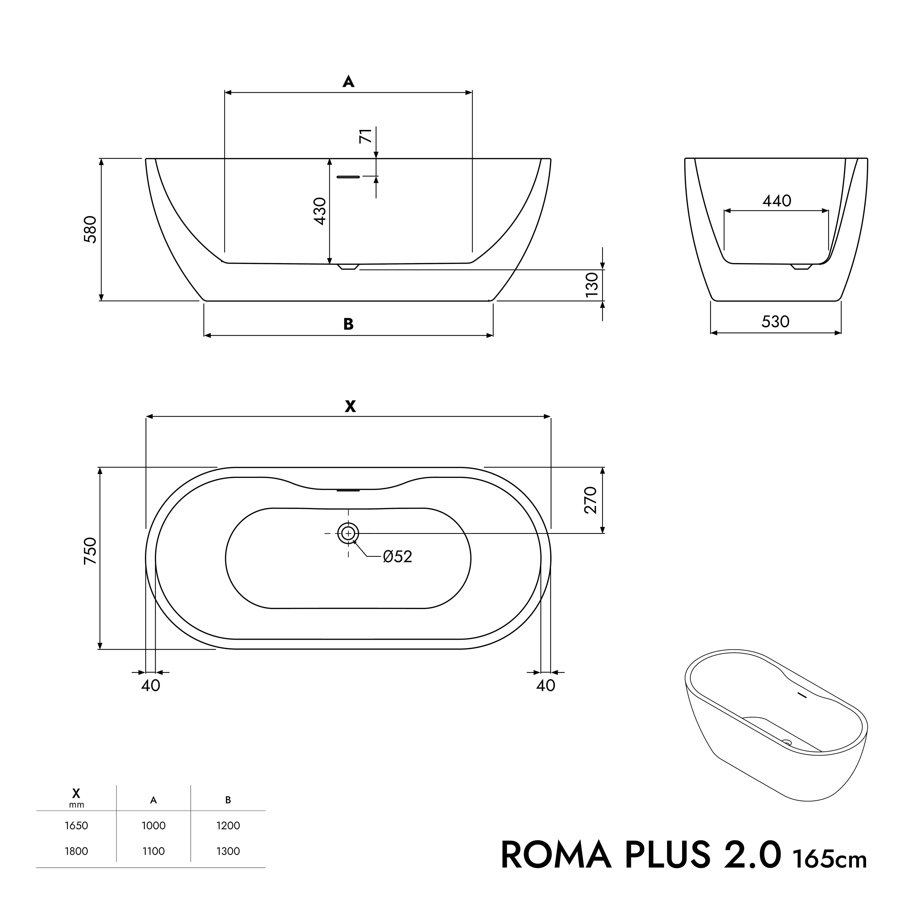 Vasca da bagno freestanding ROMA PLUS 2.0 Acrilico Bianco lucido - 165,5 x 74,5 x 58 cm 37303