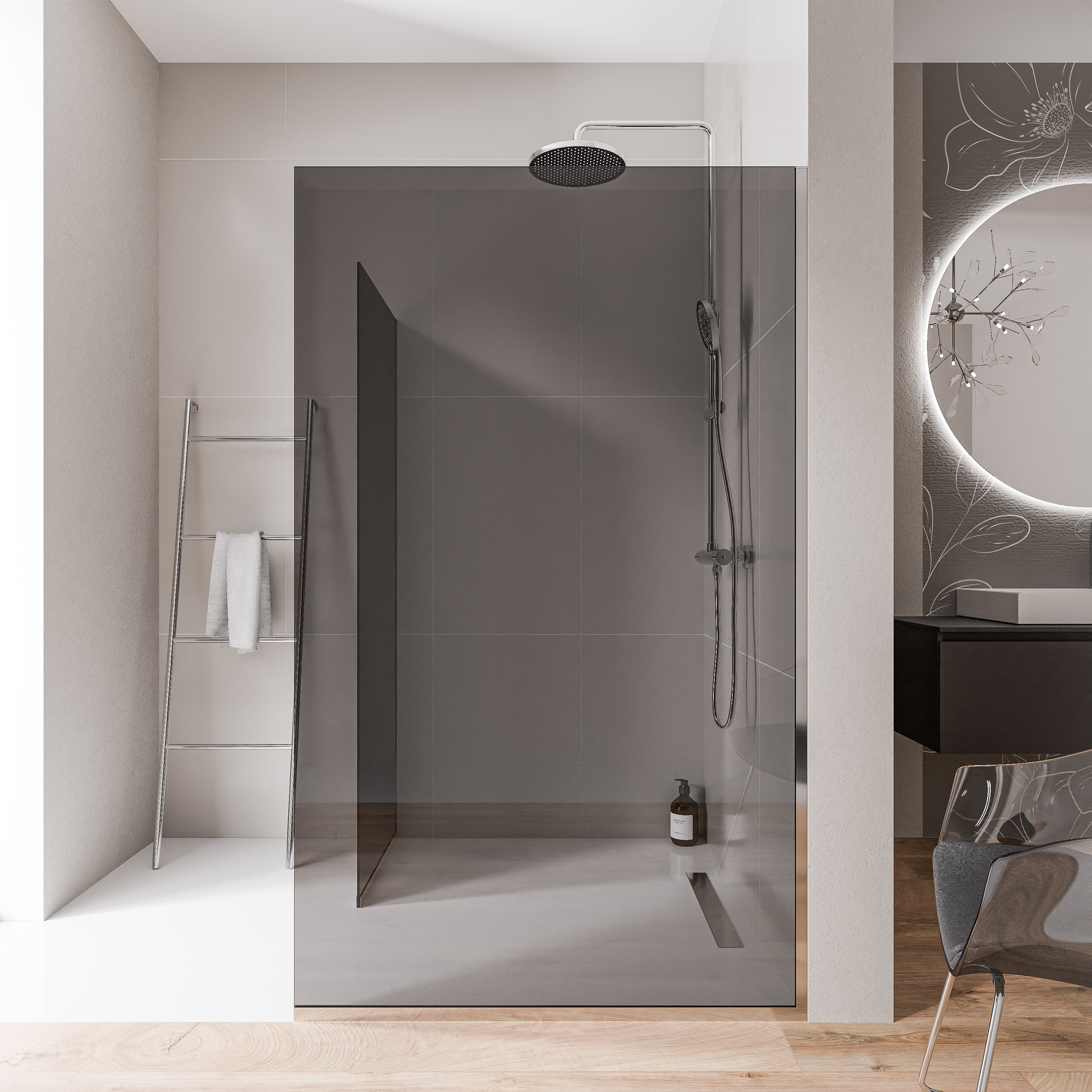 Walk-in Duschvägg 10mm nanogrått glas EX102 - 2 glasväggar rostfri stålprofil krom - bredd valbar