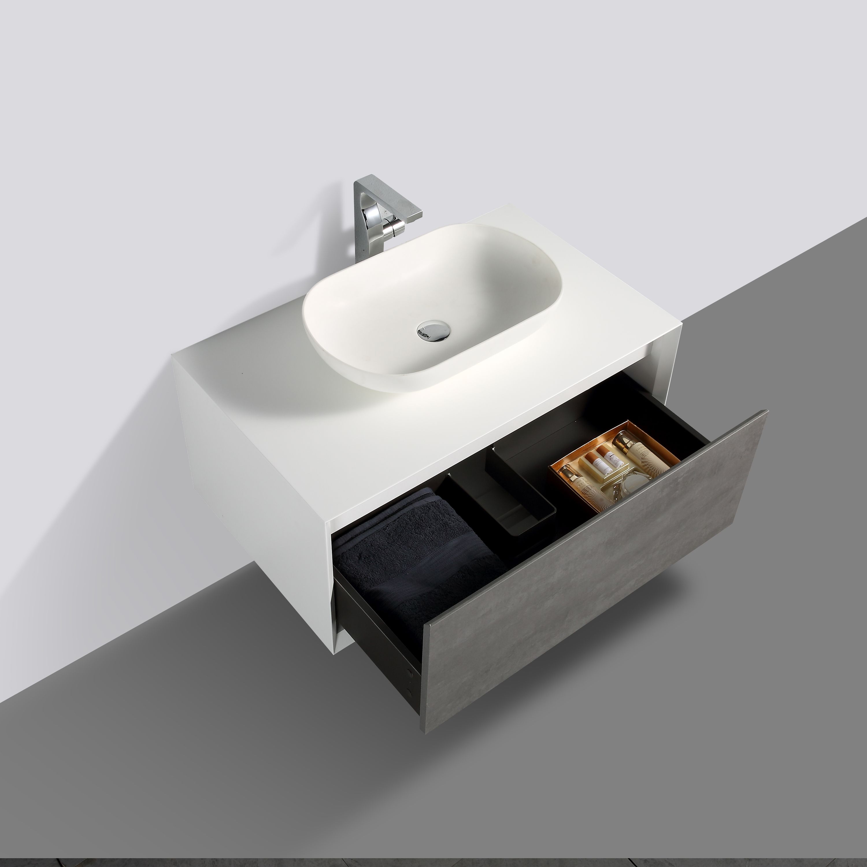 Fiona 900 white matt bathroom furniture - concrete or oak-look front - side cabinet, washbasin and mirror optional Fiona 900 white matt bathroom furniture - concrete or oak-look front - side cabinet, washbasin and mirror optional