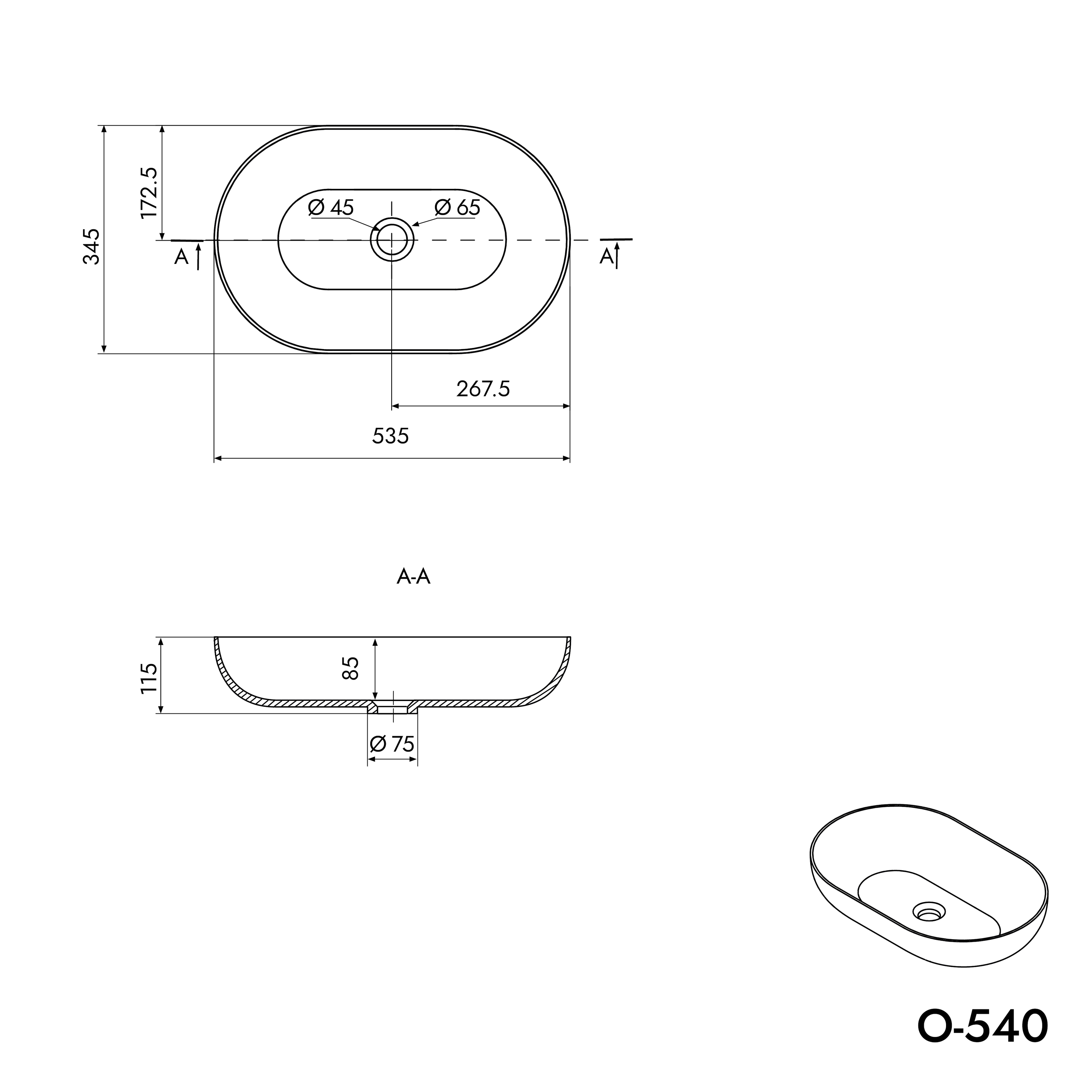 Opbouwwastafel O-540 - Mineraal gegoten - Wit mat Opbouwwastafel O-540 - Mineraal gegoten - Wit mat