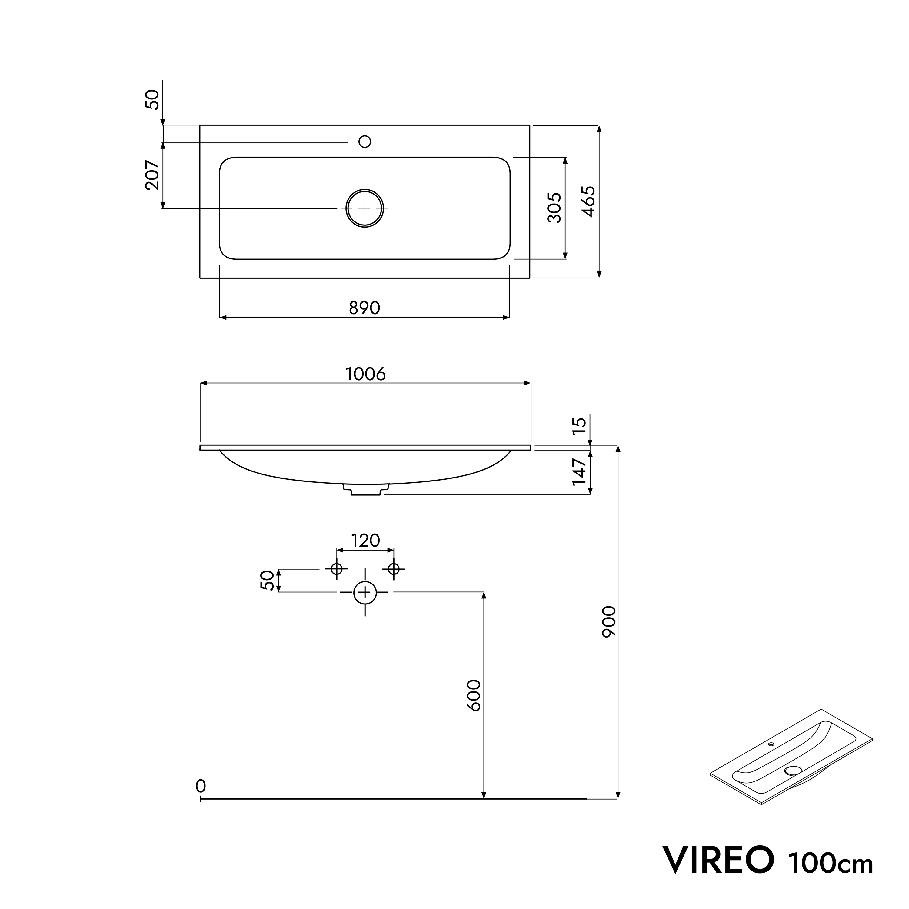 Armário de base VIREO 100 cm com lavatório de mineral fundido CREAM - cor selecionável Armário de base VIREO 100 cm com lavatório de mineral fundido CREAM - cor selecionável