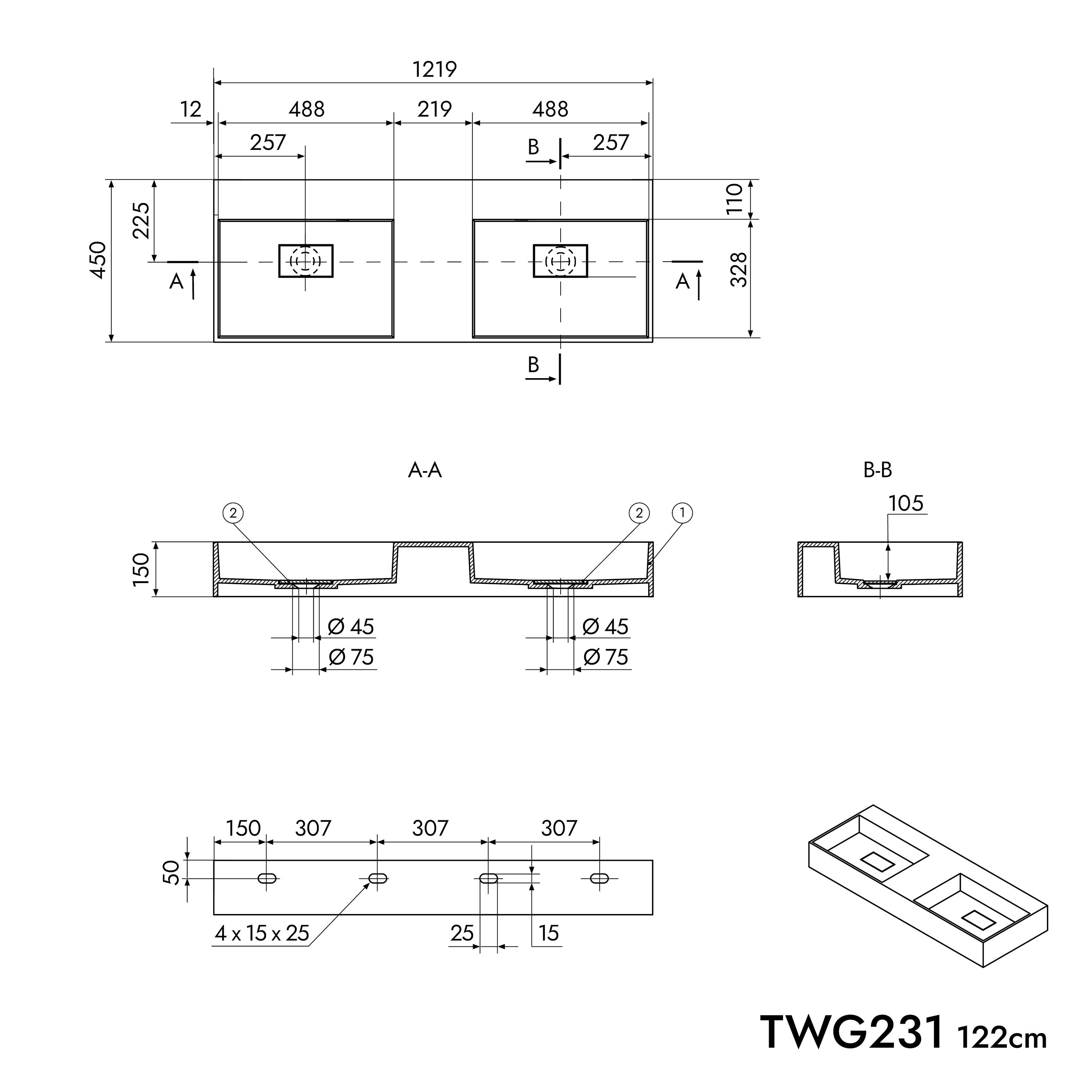 Lavatório de parede em ferro fundido mineral TWG231 - Branco mate - Largura seleccionável 20314