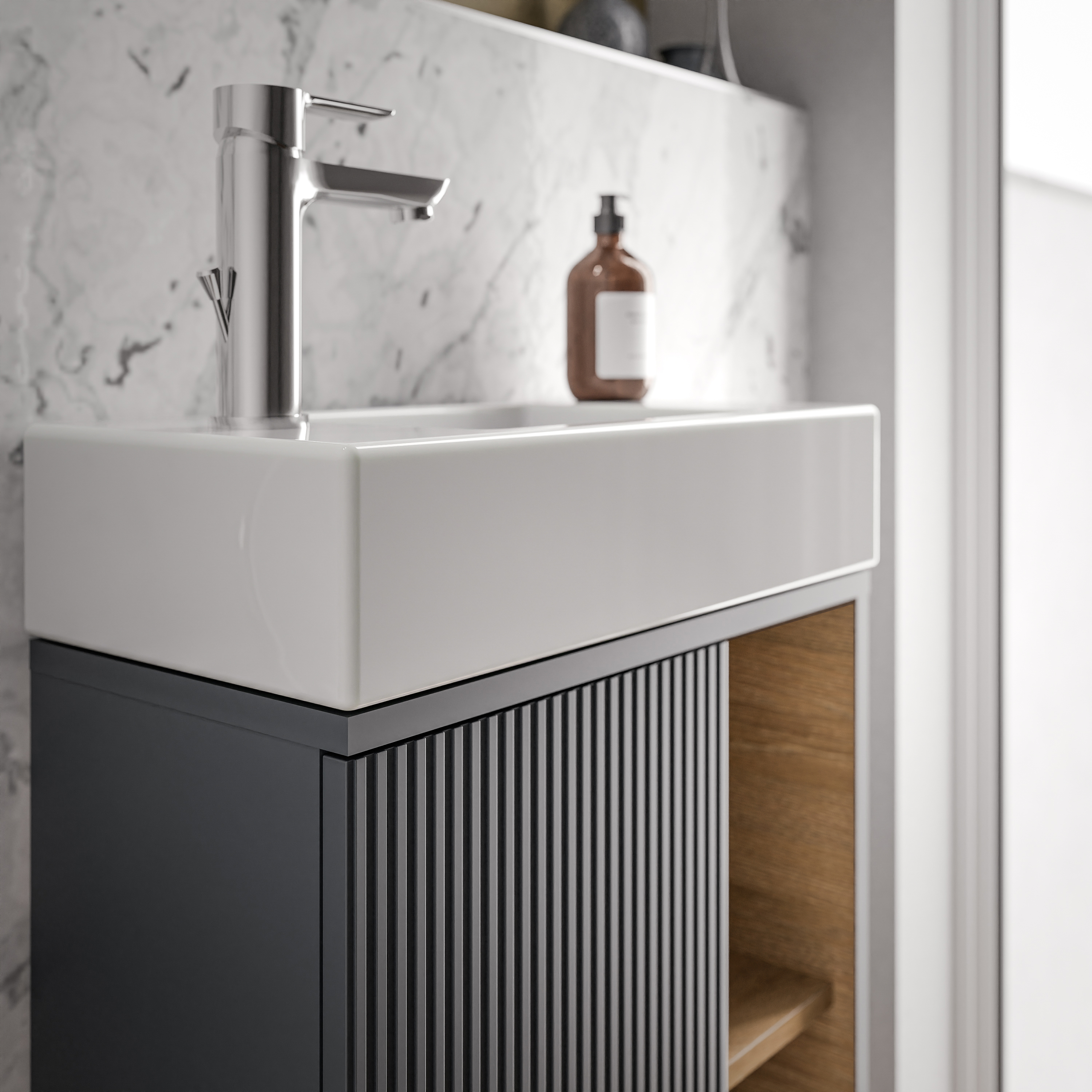 BELDIVO 50cm vanity unit with white washbasin - door hinge left - colour selectable BELDIVO 50cm vanity unit with white washbasin - door hinge left - colour selectable