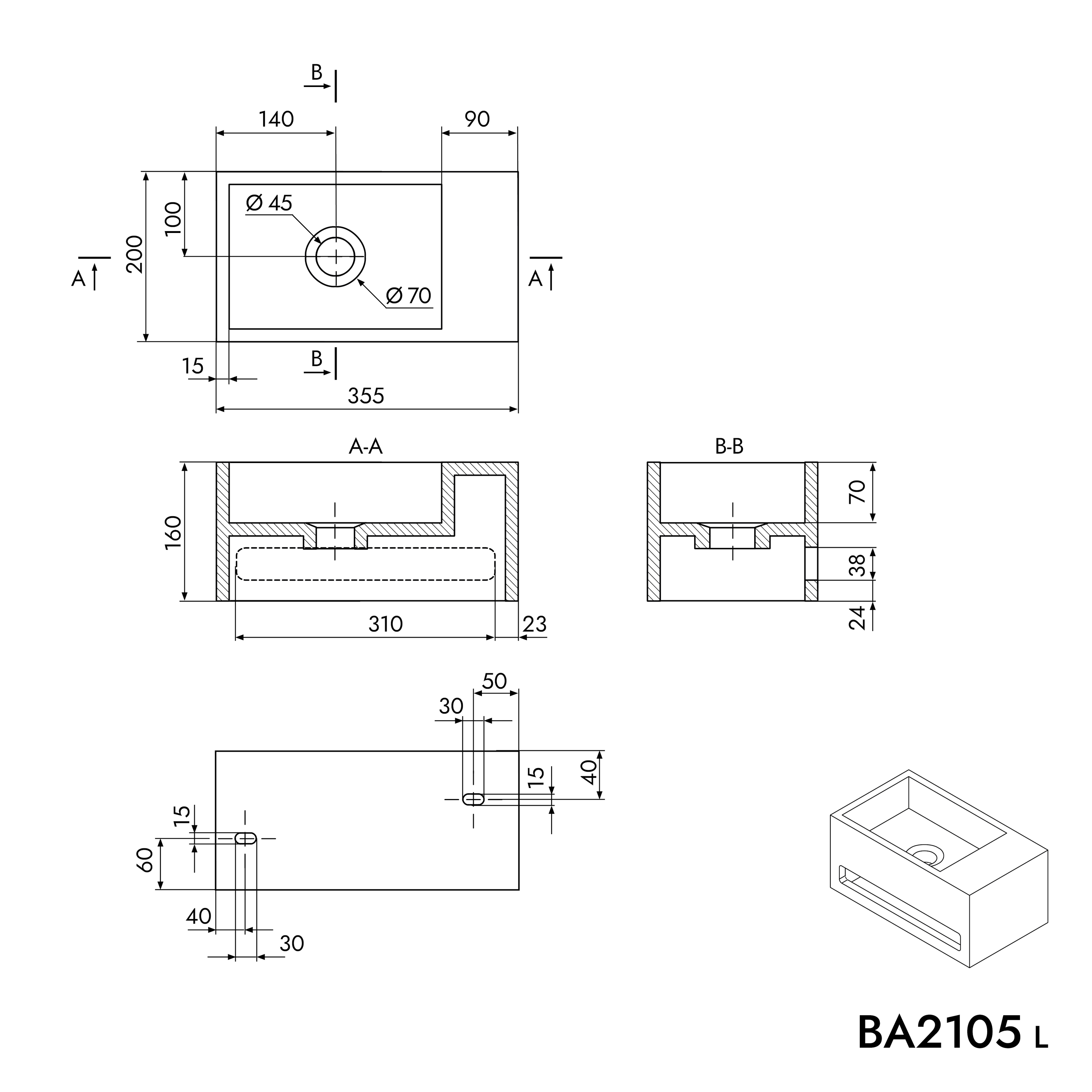 Wall-mounted washbasin BA2105 in mineral cast - 35.5 x 20 x 16 cm - white matt - with integrated towel rail 26291,26292