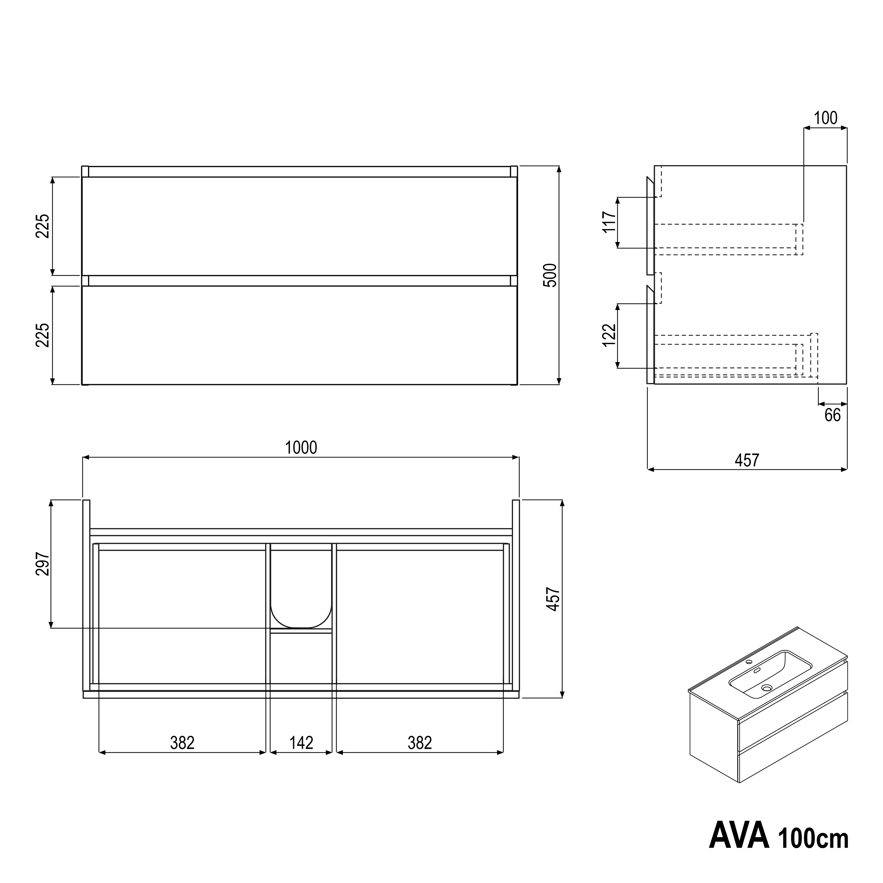 Vanity unit AVA 100 cm with ceramic washbasin - colour selectable 166513,166514,166515,166516,166517,166518,166519,166520