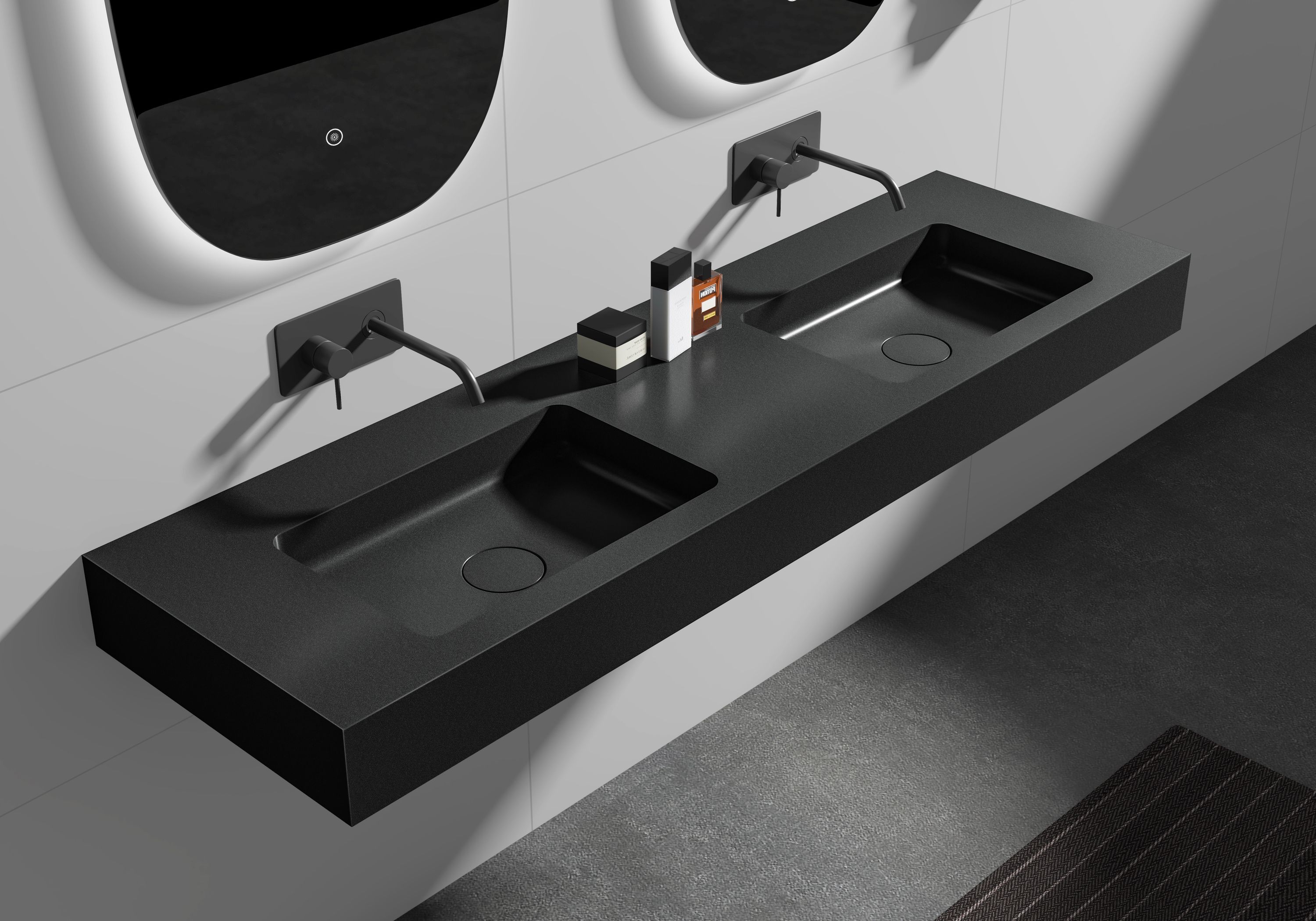 Wall Mounted Double Washbasin BA8016 made of Solid Surface - 163 x 45 x 12 cm - selectable colour - optional Washbasin Metal Consol Wall Mounted Double Washbasin BA8016 made of Solid Surface - 163 x 45 x 12 cm - selectable colour - optional Washbasin Metal Consol