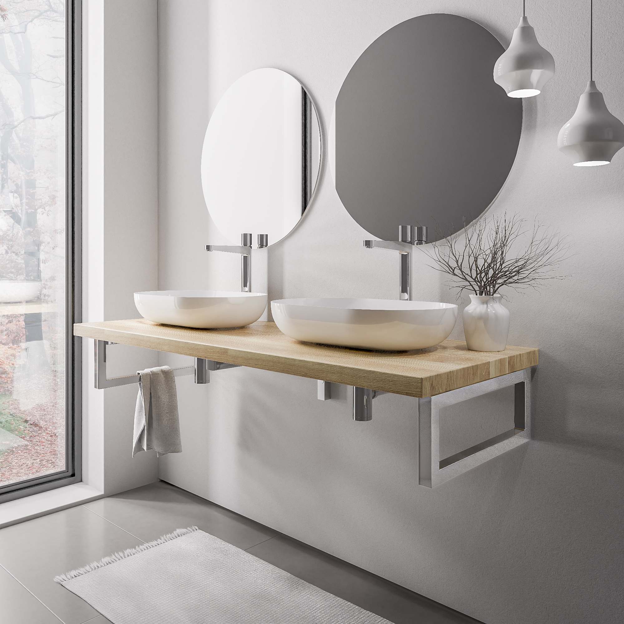 Houten wastafelblad 140 cm PUREWOOD massief eiken met handdoekhouder in chroom Houten wastafelblad 140 cm PUREWOOD massief eiken met handdoekhouder in chroom