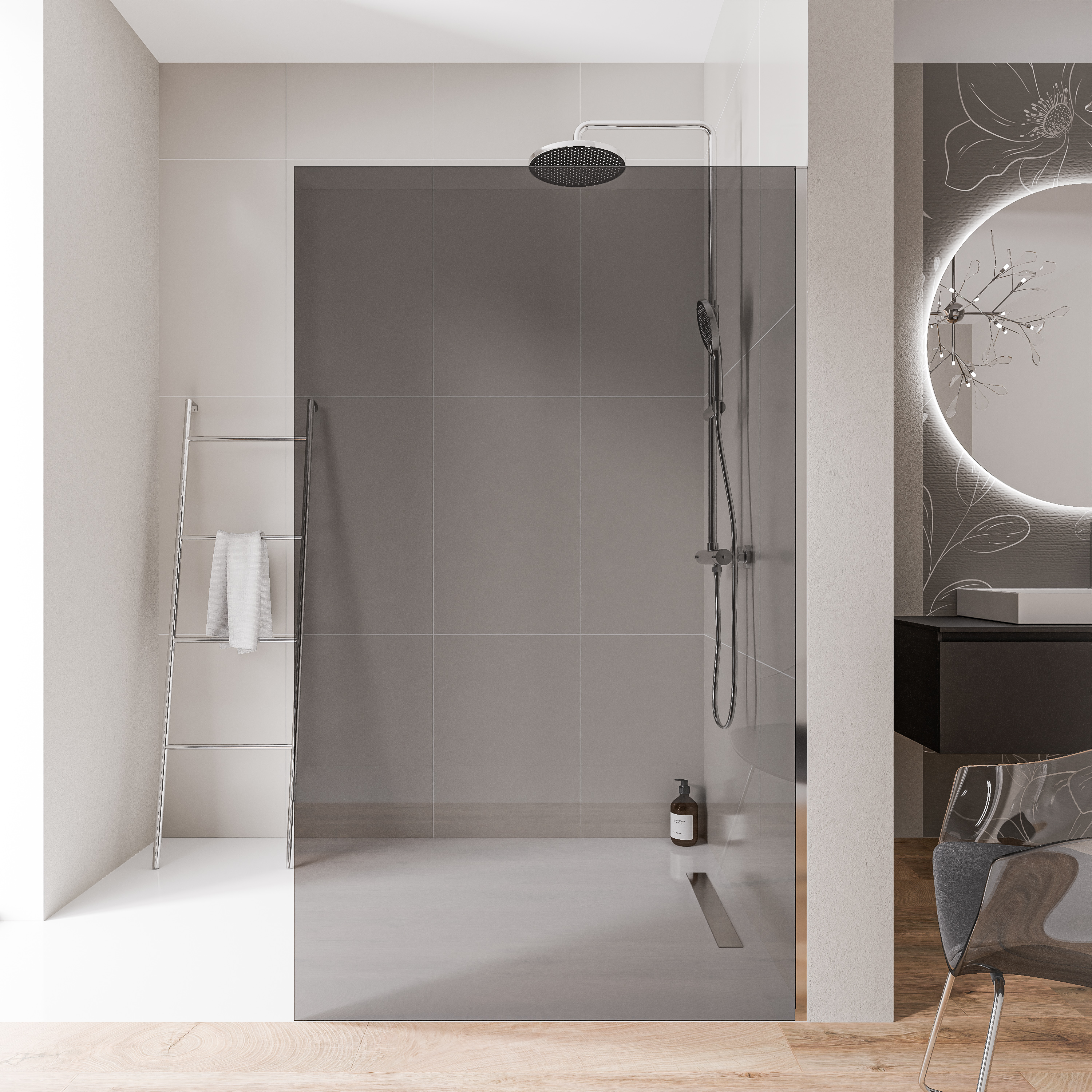 Walk-in Shower enclosure 10mm nano grey glass EX102 - 1 glass wall stainless steel profile chrome - width selectable